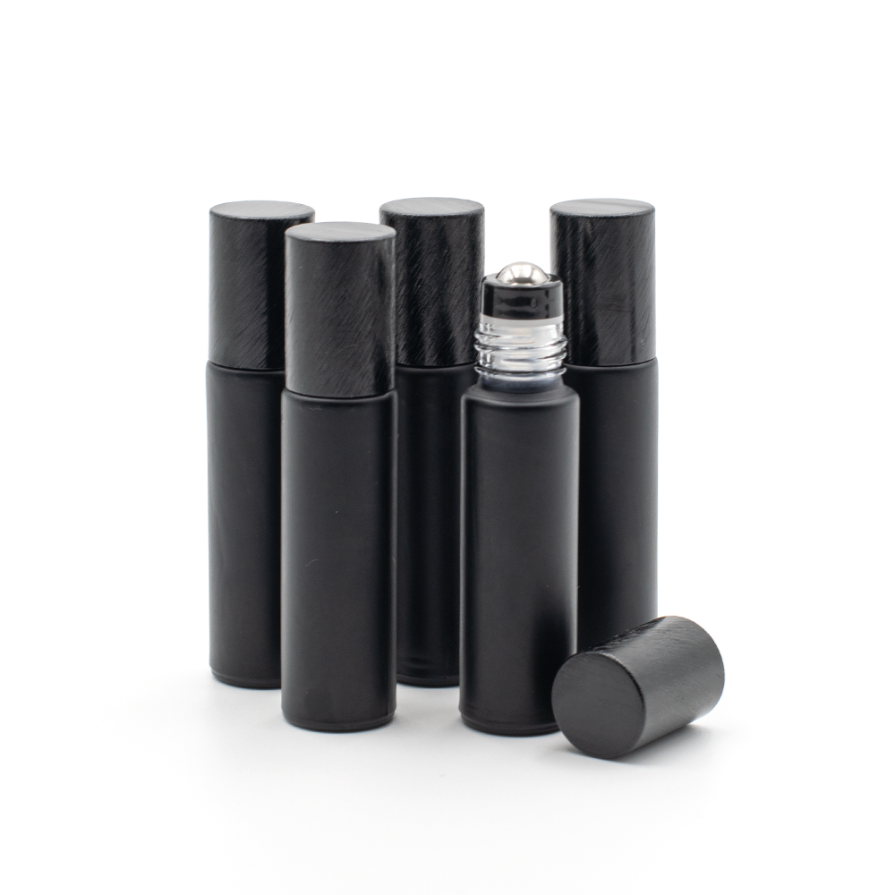 Deluxe Matte 10ml Black Roller Bottle with Black Metallic Cap & Premium Roller (5 Pack)