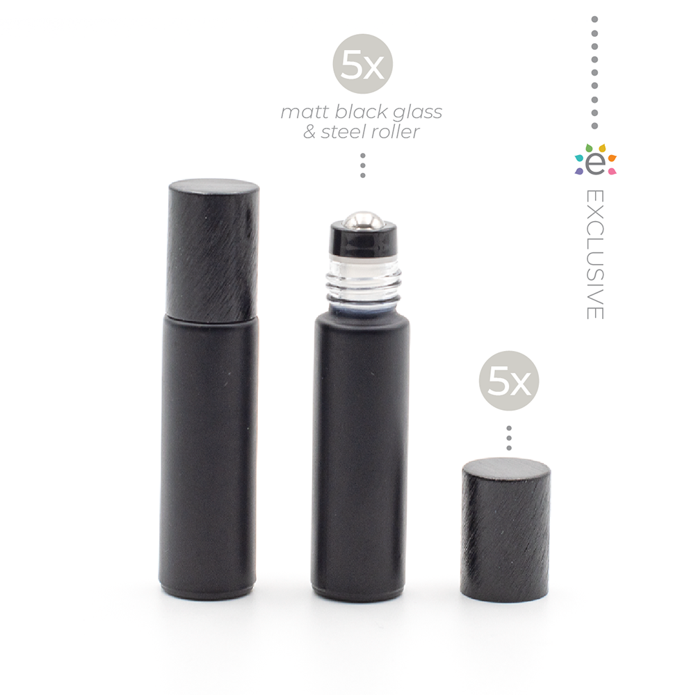 Deluxe Matte 10ml Black Roller Bottle with Black Metallic Cap & Premium Roller (5 Pack)