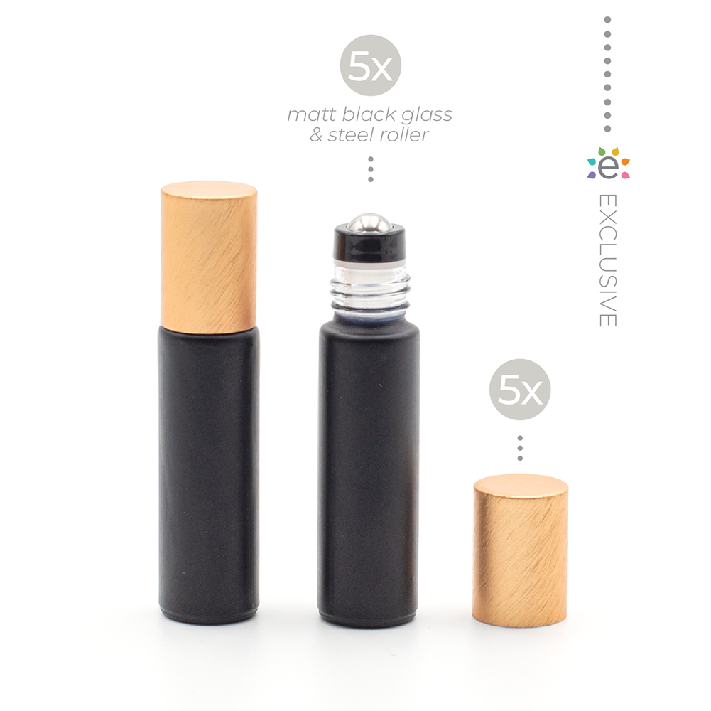 Deluxe Matte 10ml Black Roller Bottle with Rose Gold Metallic Cap & Premium Roller (5 Pack)