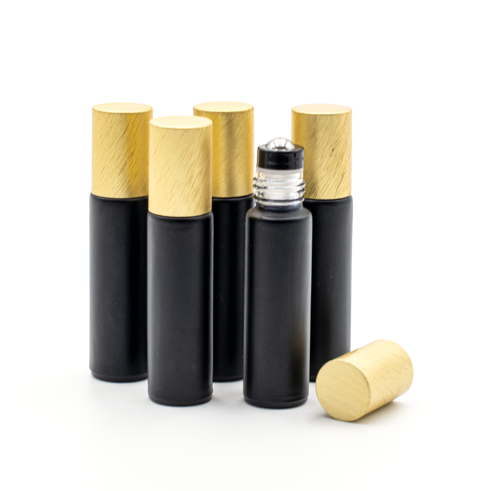 Deluxe Matte 10ml Black Roller Bottle with Gold Metallic Cap & Premium Roller (5 Pack)