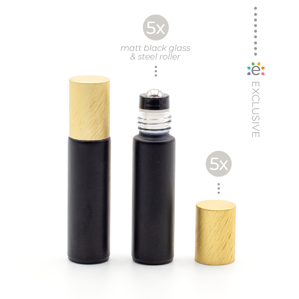 Deluxe Matte 10ml Black Roller Bottle with Gold Metallic Cap & Premium Roller (5 Pack)