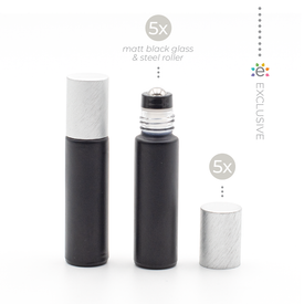 Deluxe Matte 10ml Black Roller Bottles with Pewter Metallic Caps & Premium Rollers (5 pack)