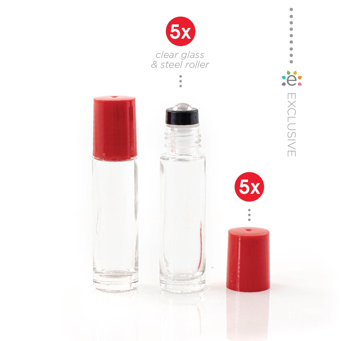 10ml Clear Glass Roller Bottle with Lipstick Kiss (Red) Lid & Premium Stainless Steel Rollerball – 5 pack
