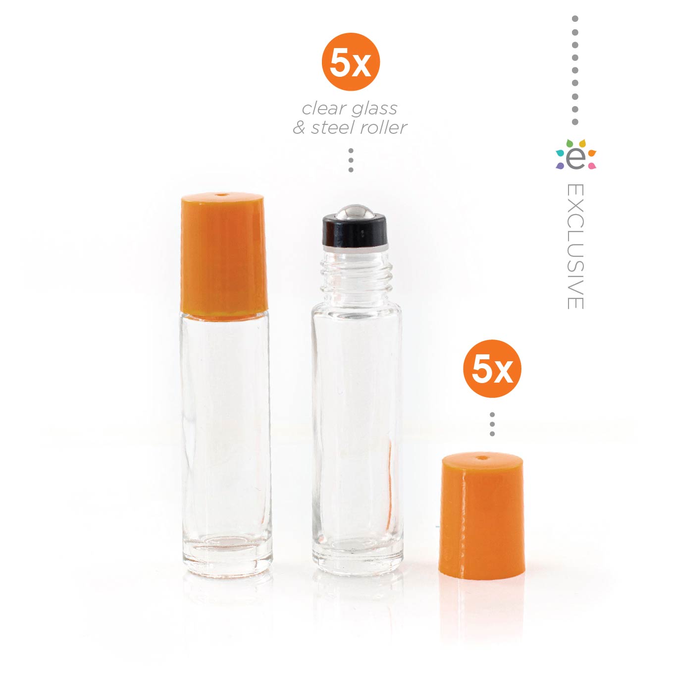 10ml Clear Glass Roller Bottle with Tangerine (Orange) Lid & Premium Stainless Steel Rollerball – 5 pack