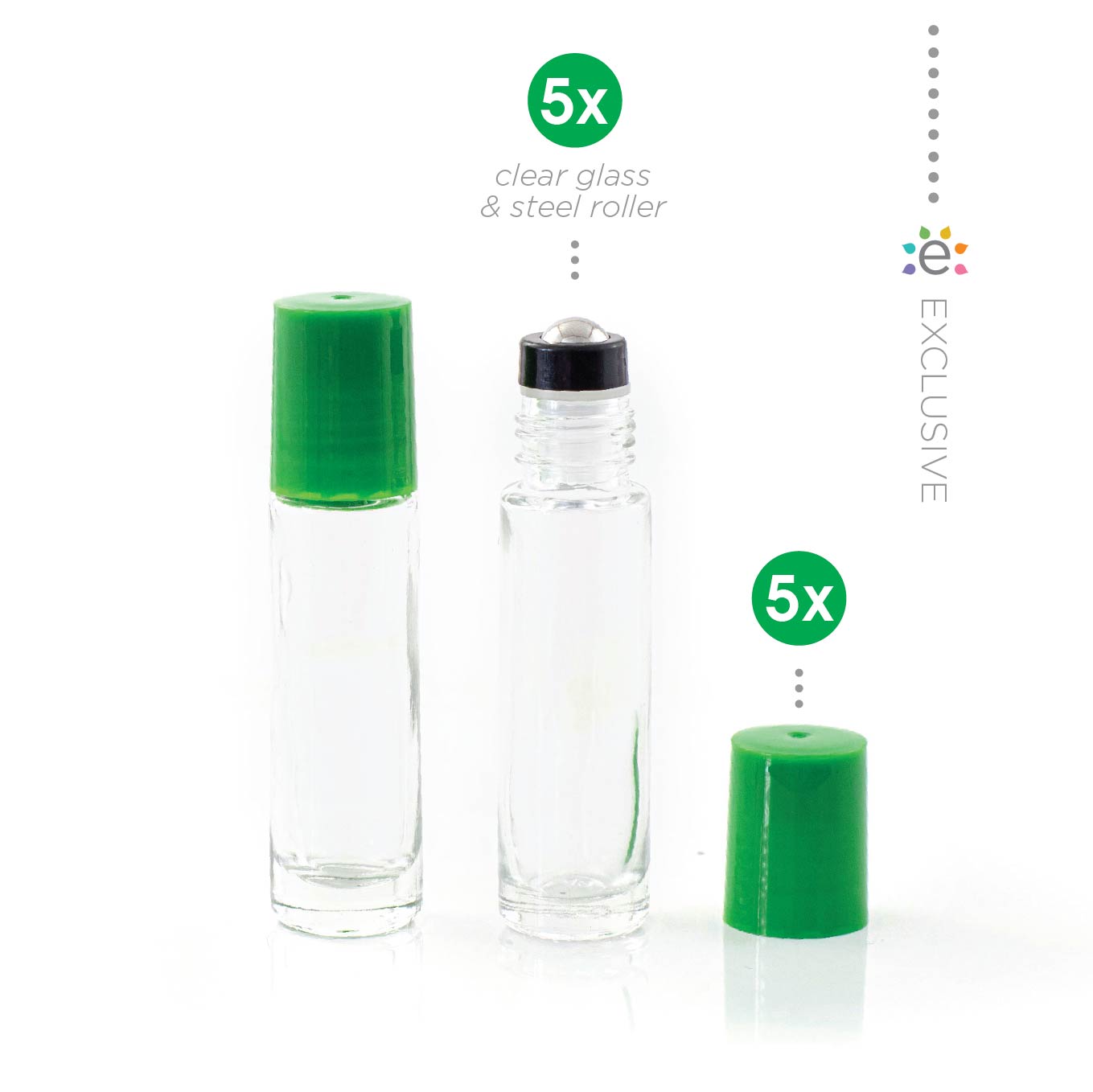 10ml Clear Glass Roller Bottle with Fern (Green) Lid & Premium Stainless Steel Rollerball – 5 pack