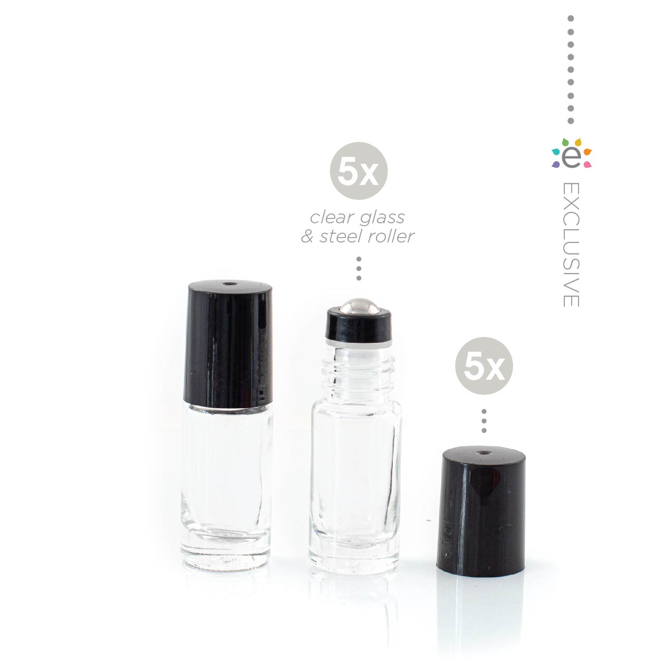 5ml Clear Glass Roller Bottle with Black Lid & Stainless Steel Rollerball (5 packs)