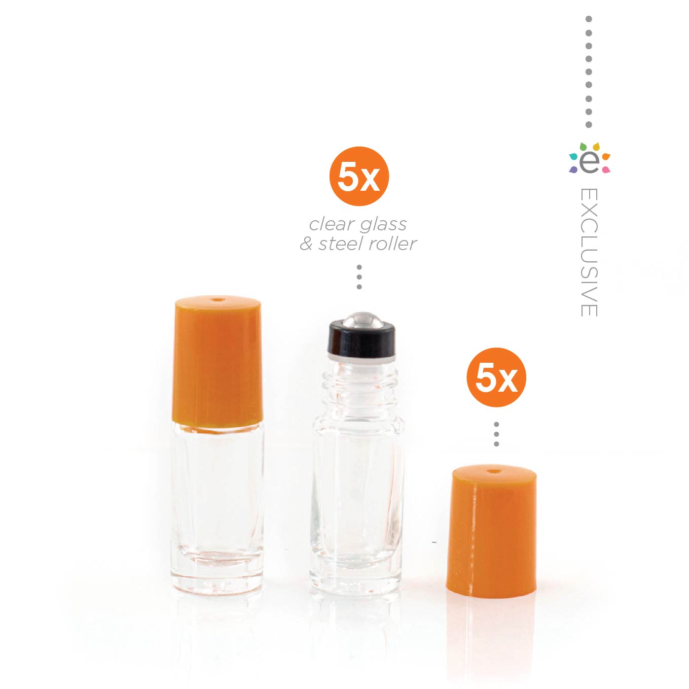 5ml Clear Glass Roller Bottle with Tangerine (Orange) Lid & Premium Stainless Steel Rollerball – 5 pack