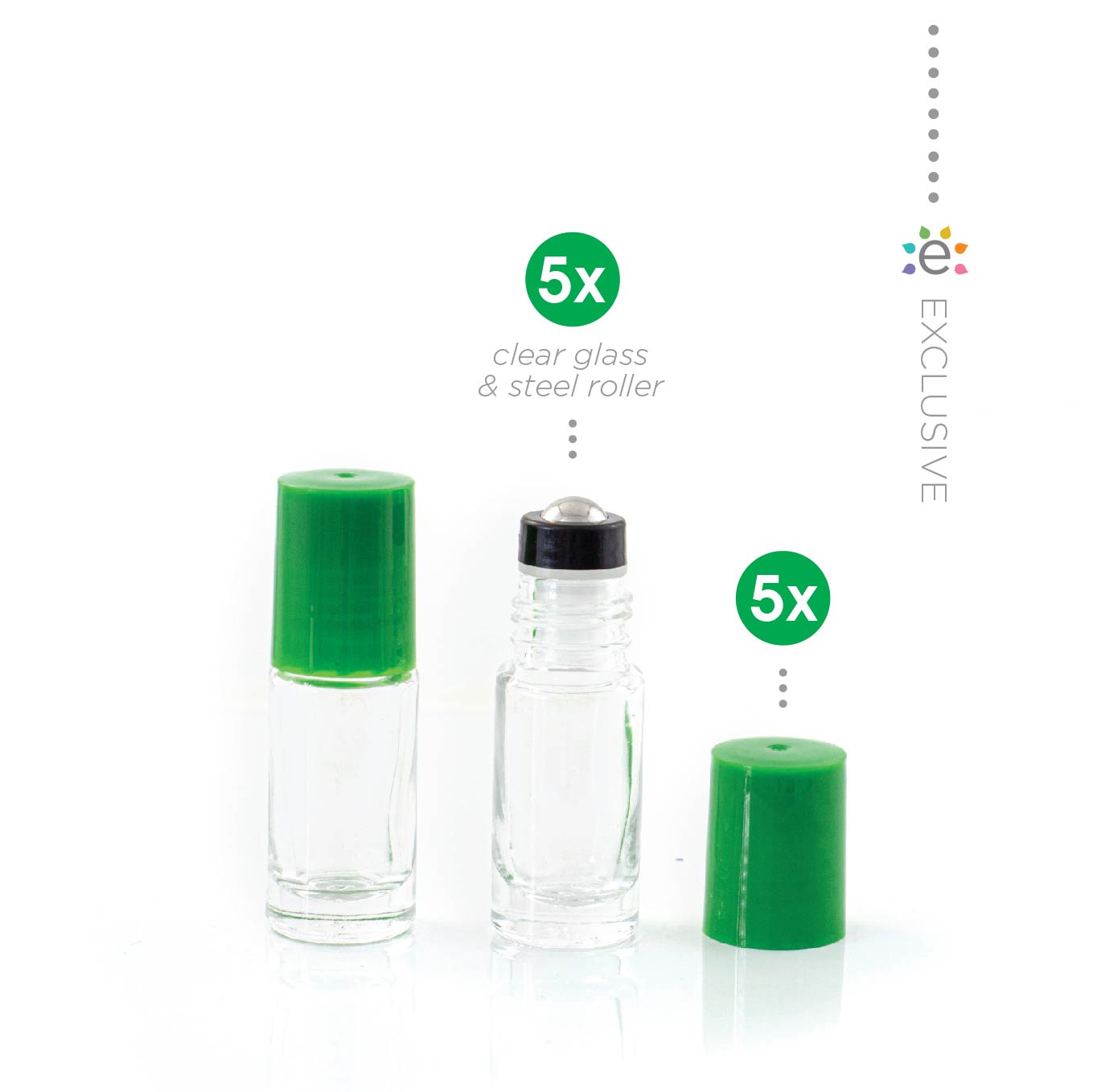5ml Clear Glass Roller Bottle with Fern (Green) Lid & Premium Stainless Steel Rollerball – 5 pack