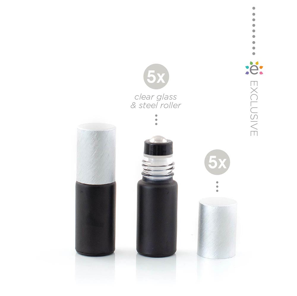 Deluxe Matte 5ml Black Roller Bottles with Metallic Caps & Premium Rollers (5 pack)