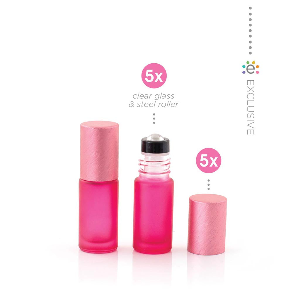 Deluxe Frosted 5ml Pink Roller Bottles with Pink Metallic Caps & Premium Rollers (5 pack)