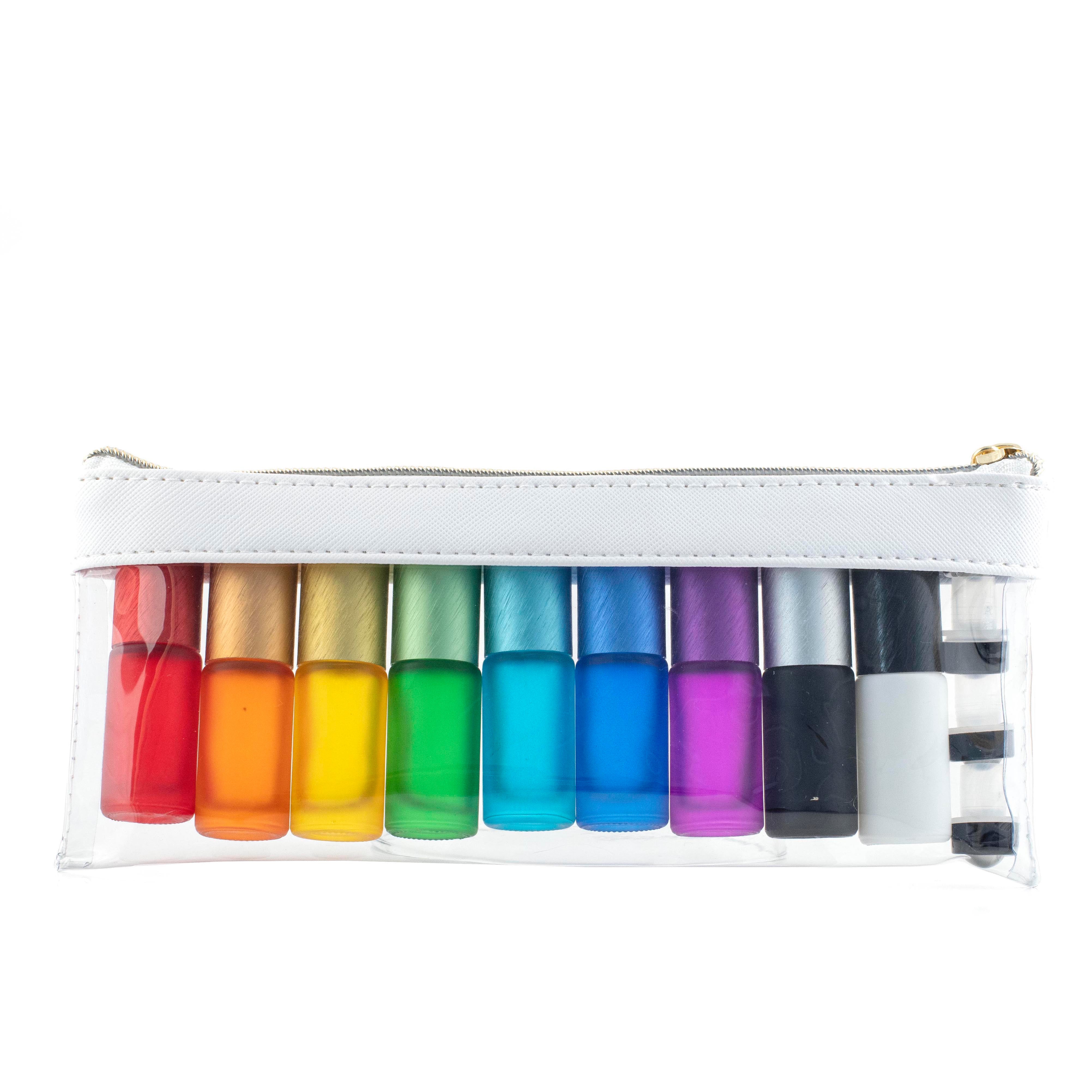 Deluxe 5ml Frosted Multi-coloured roller bottles with Metallic Caps and Travel Case (set of 9 bottles)