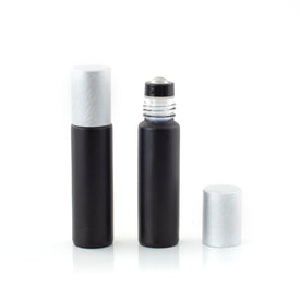 Deluxe Matte 10ml Black Roller Bottles with Pewter Metallic Caps & Premium Rollers (5 pack)