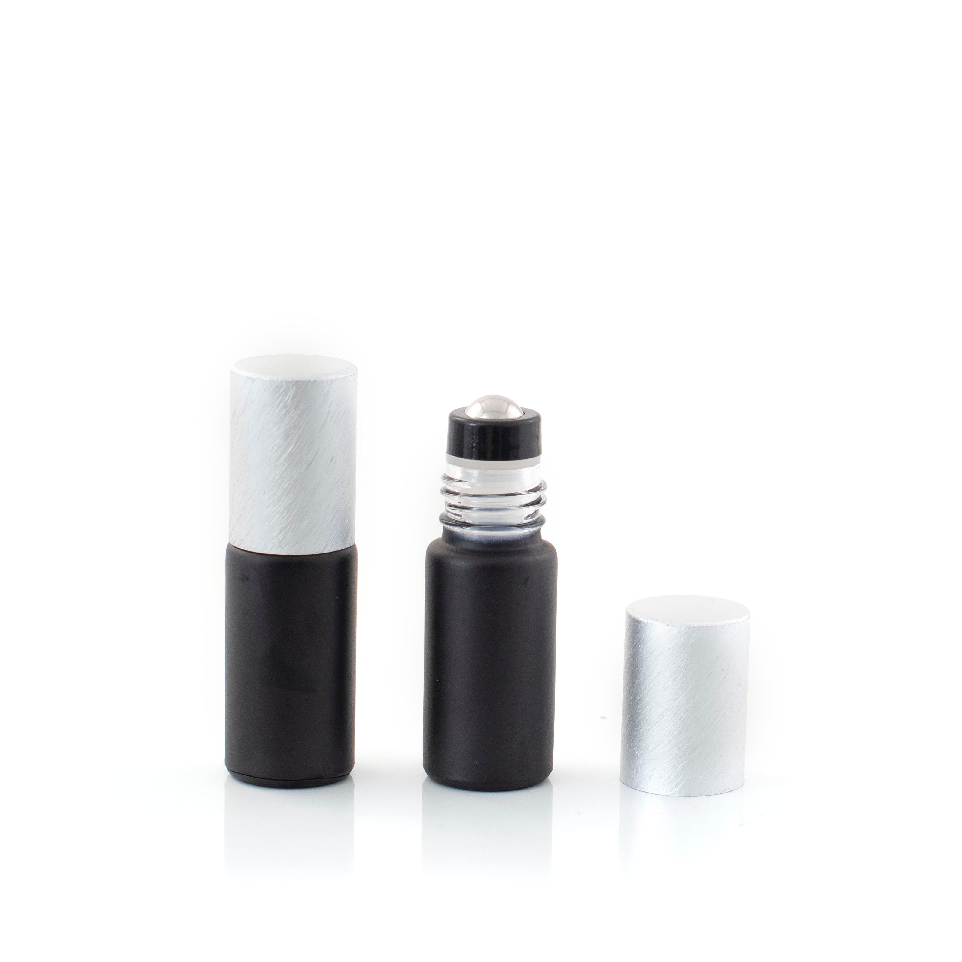 Deluxe Matte 5ml Black Roller Bottles with Metallic Caps & Premium Rollers (5 pack)