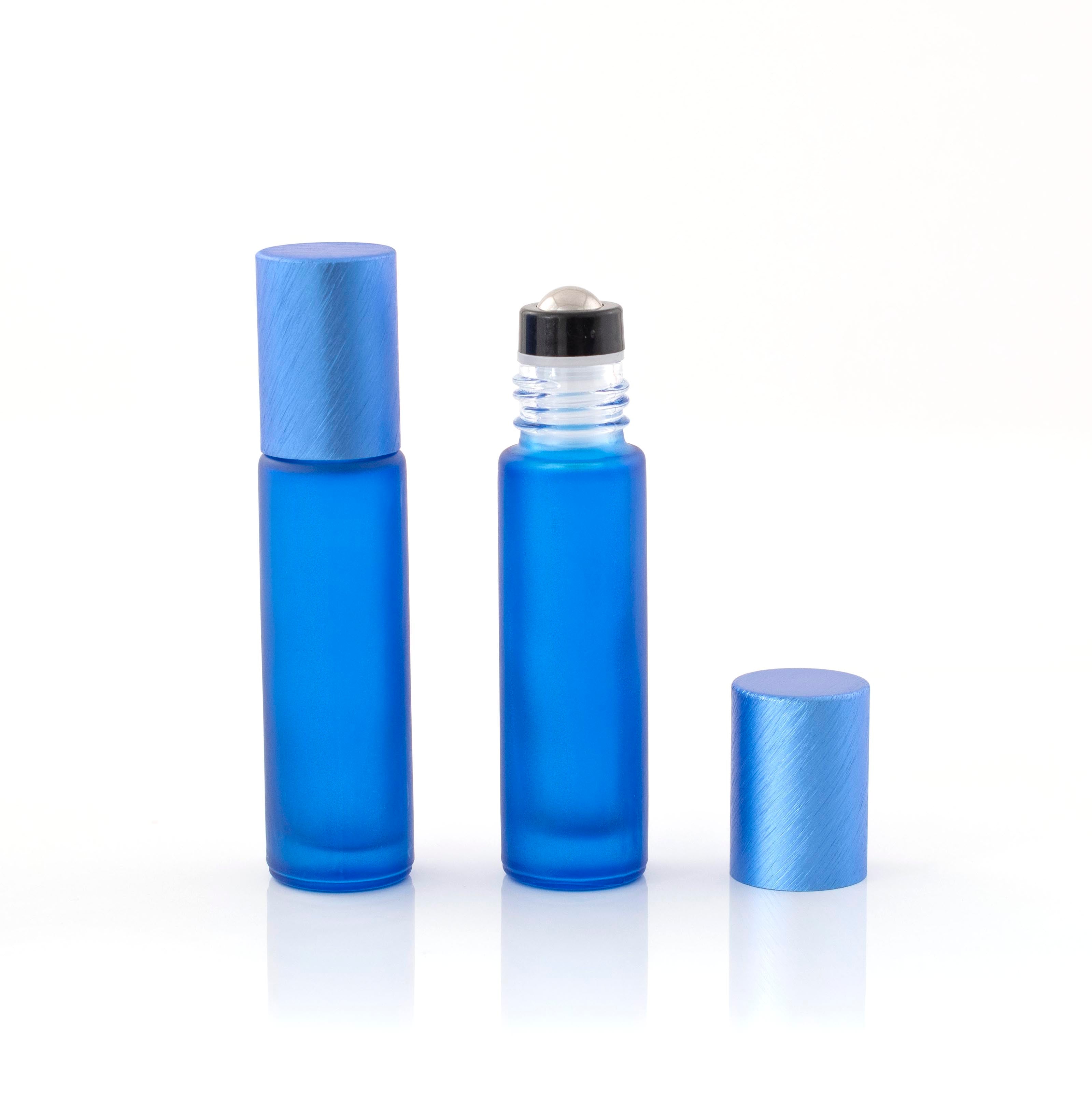 Deluxe Frosted 10ml Blue Roller Bottles with Blue Metallic Caps & Premium Rollers (5 pack)