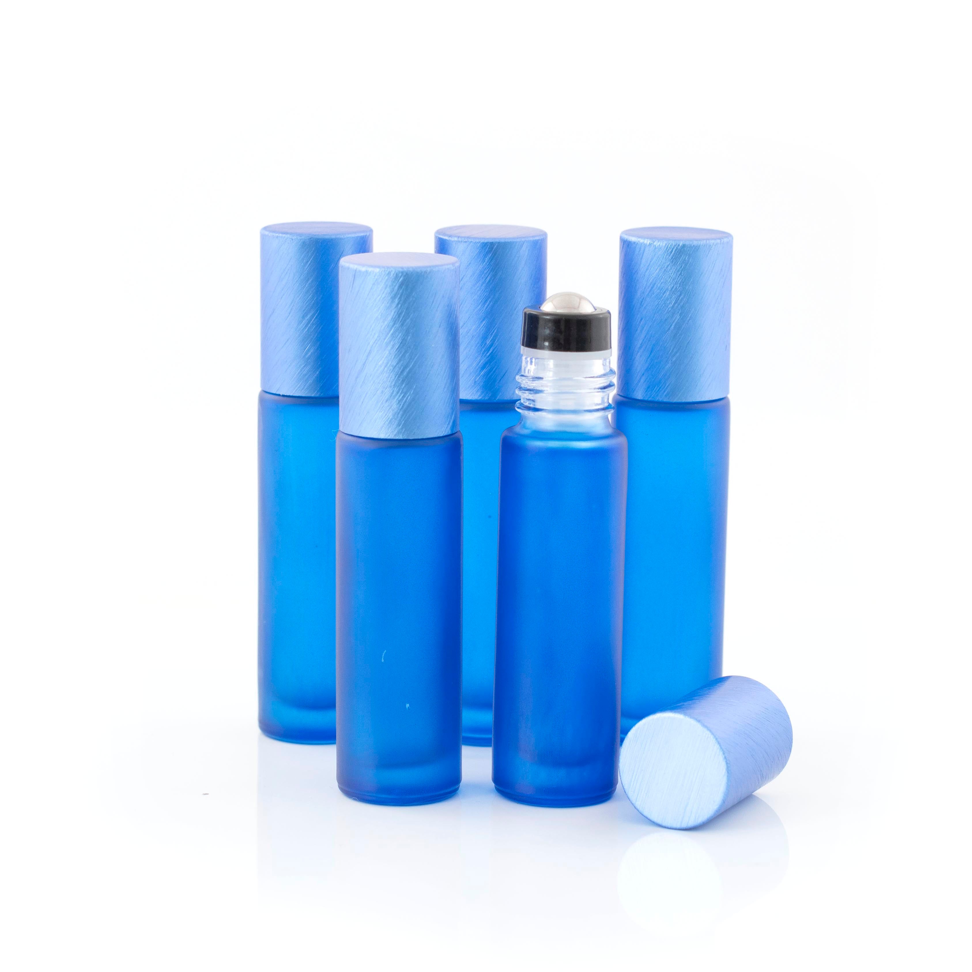 Deluxe Frosted 10ml Blue Roller Bottles with Blue Metallic Caps & Premium Rollers (5 pack)