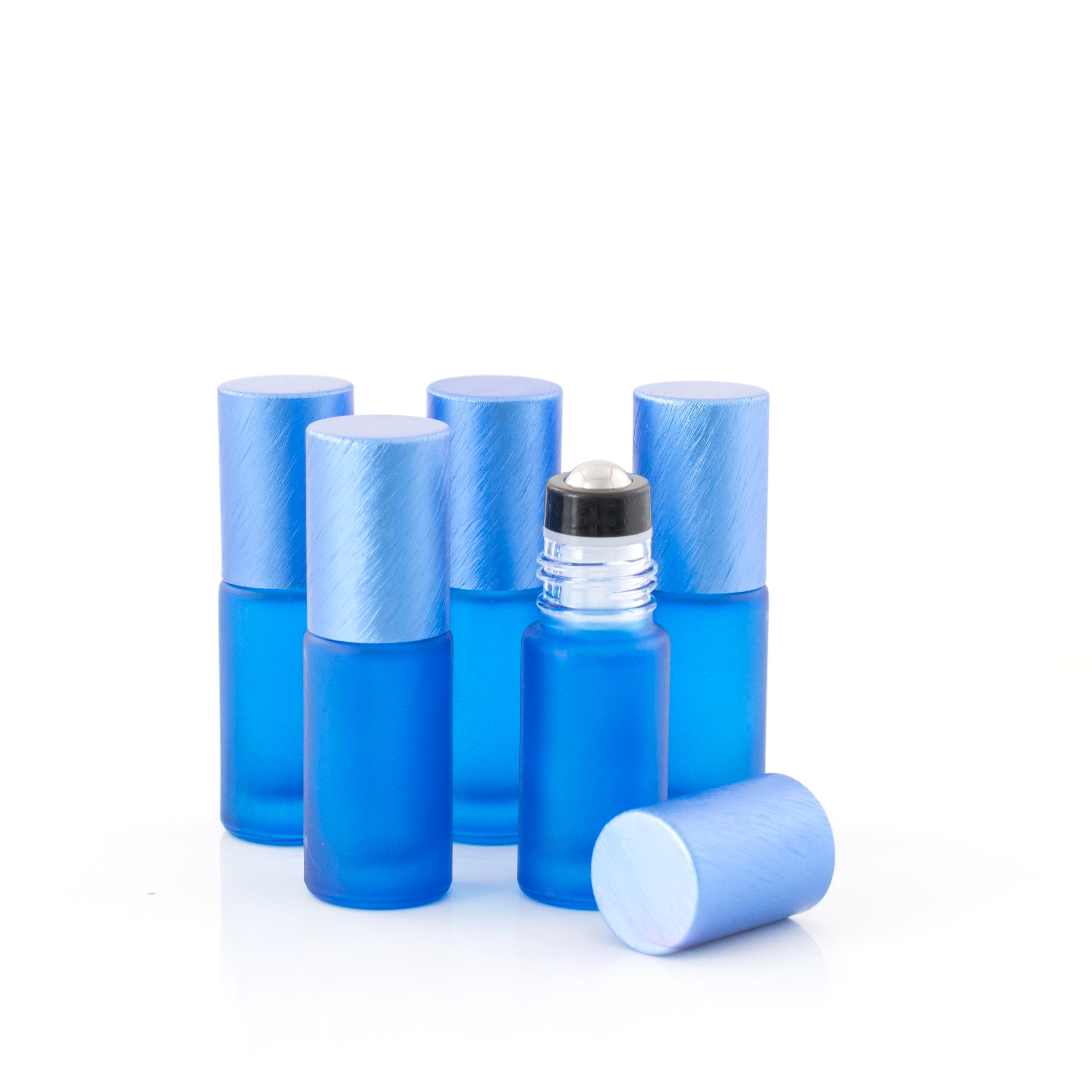 Deluxe Frosted 5ml Blue Roller Bottles with Metallic Caps & Premium Rollers (5 pack)