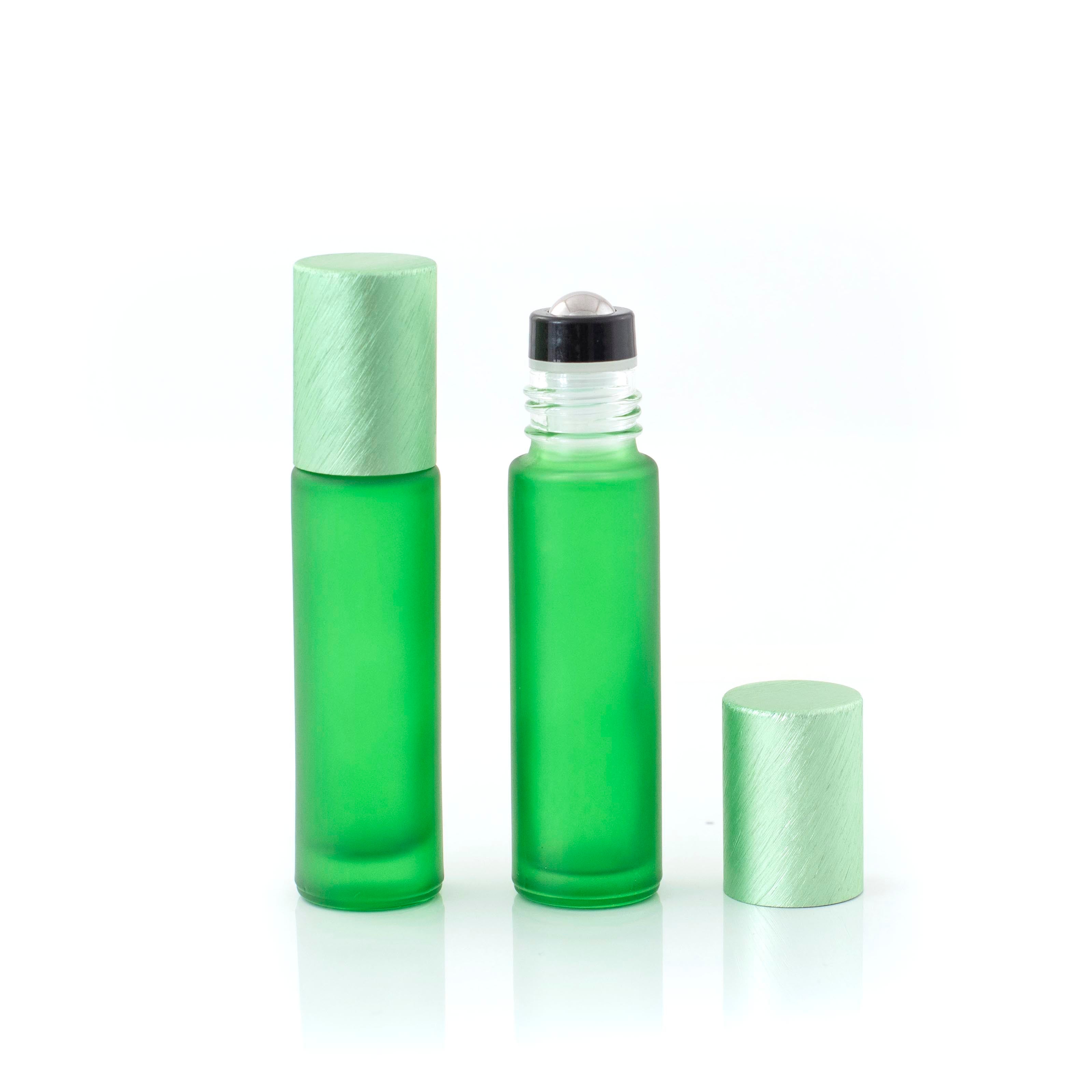 Deluxe Frosted 10ml Green Roller Bottles with Green Metallic Caps & Premium Rollers (5 pack)