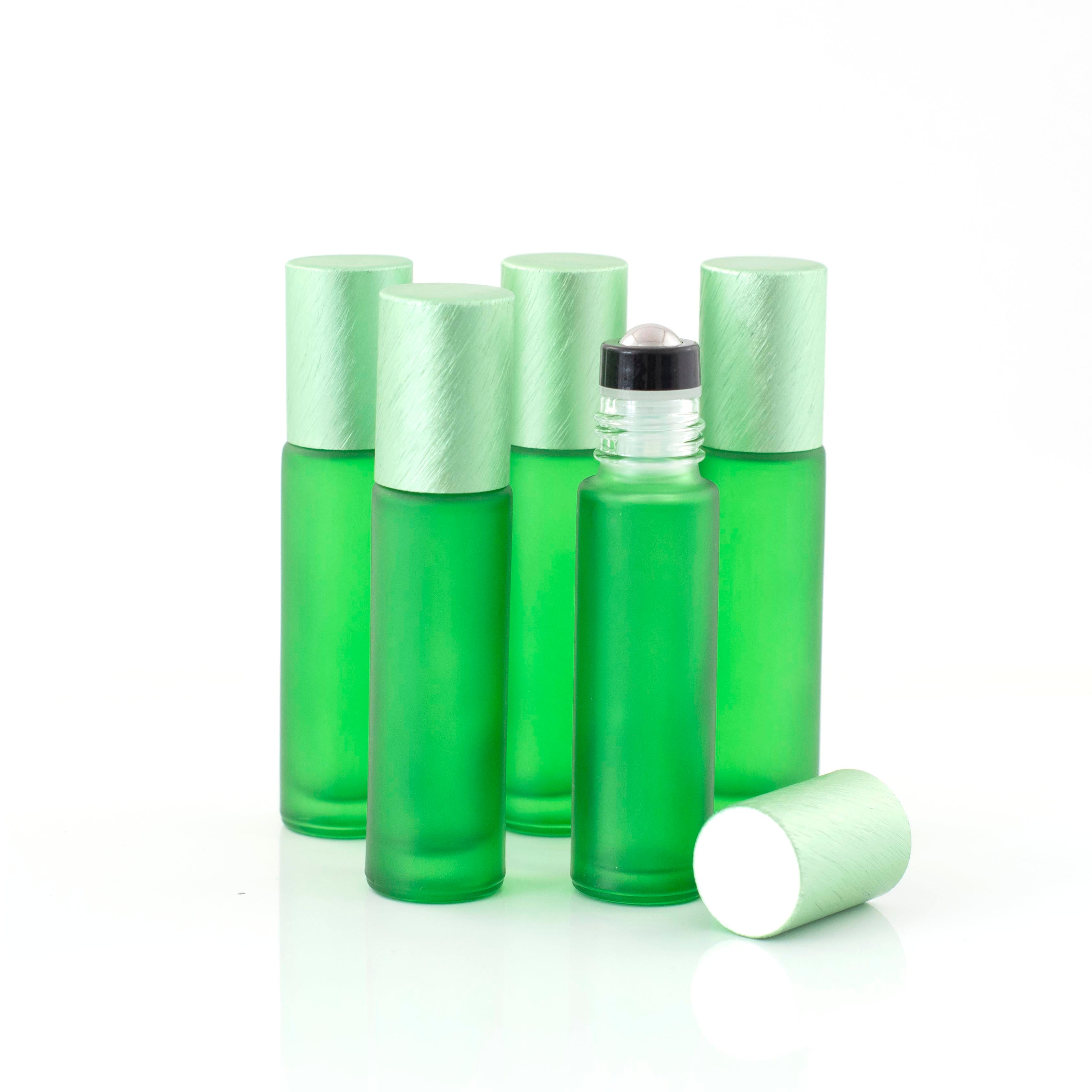 Deluxe Frosted 10ml Green Roller Bottles with Green Metallic Caps & Premium Rollers (5 pack)