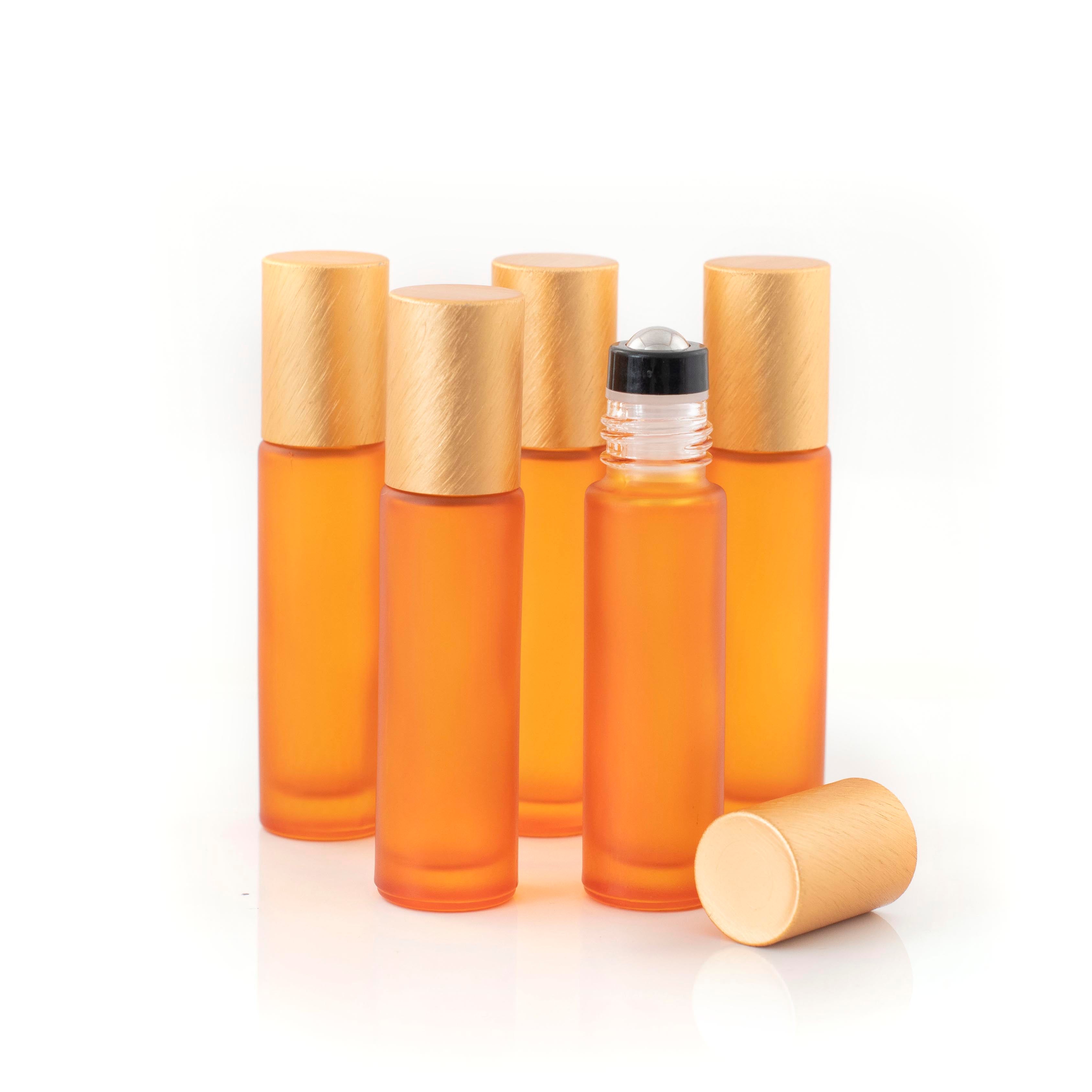Deluxe Frosted 10ml Orange Roller Bottles with Orange Metallic Caps & Premium Rollers (5 pack)