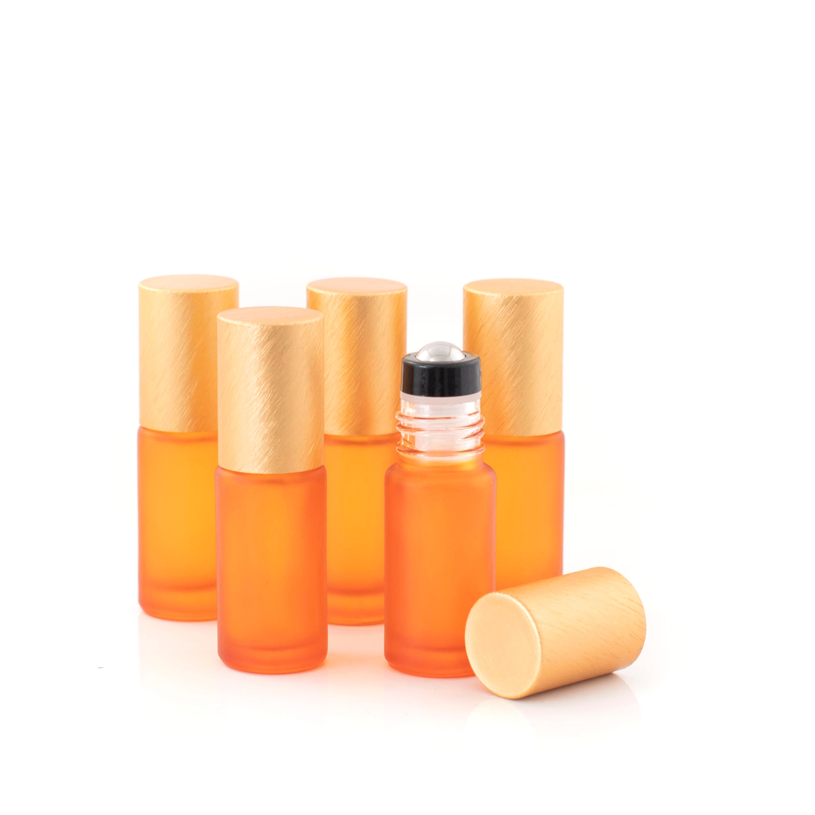 Deluxe Frosted 5ml Orange Roller Bottles with Metallic Caps & Premium Rollers (5 pack)