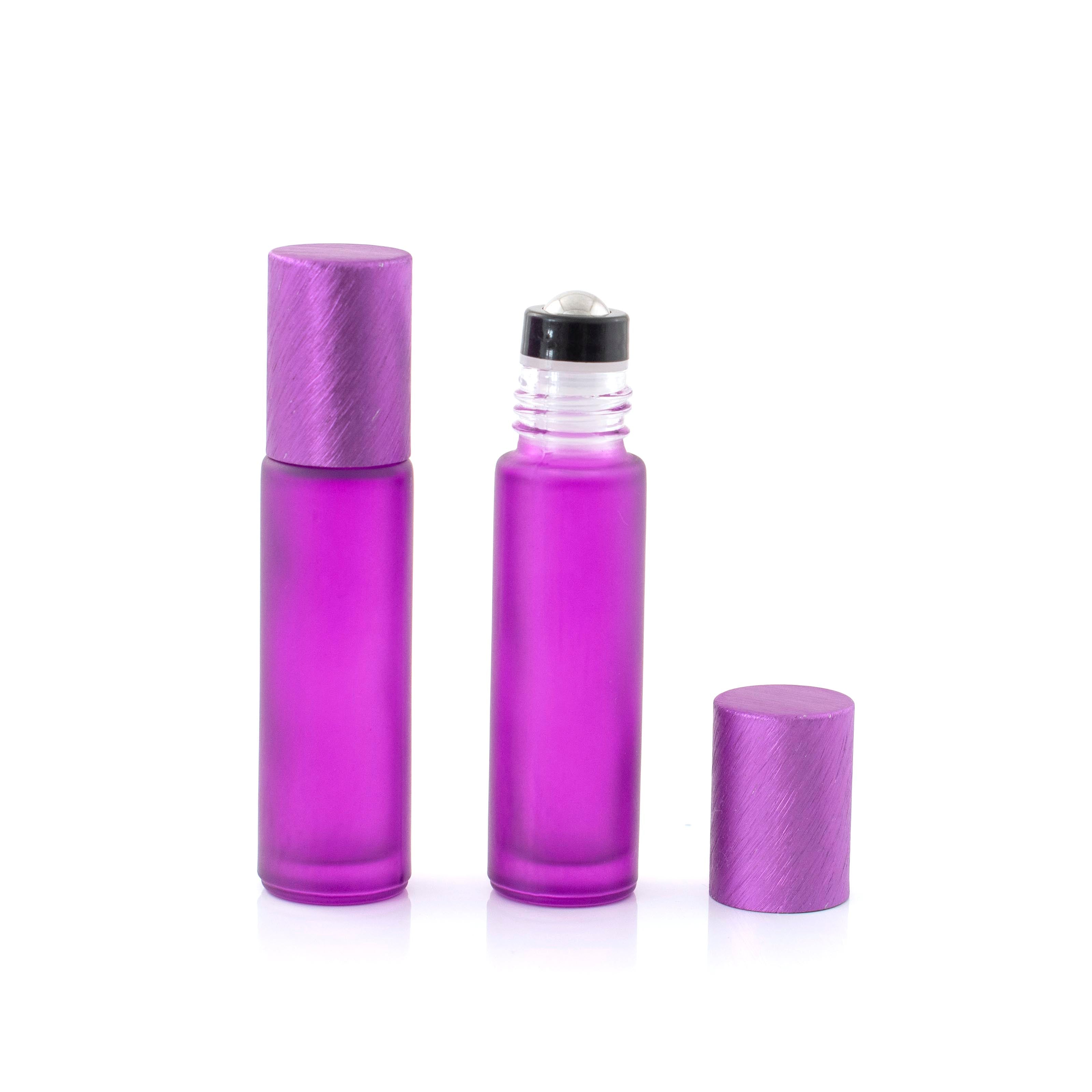 Deluxe Frosted 10ml Purple Roller Bottles with Purple Metallic Caps & Premium Rollers (5 pack)