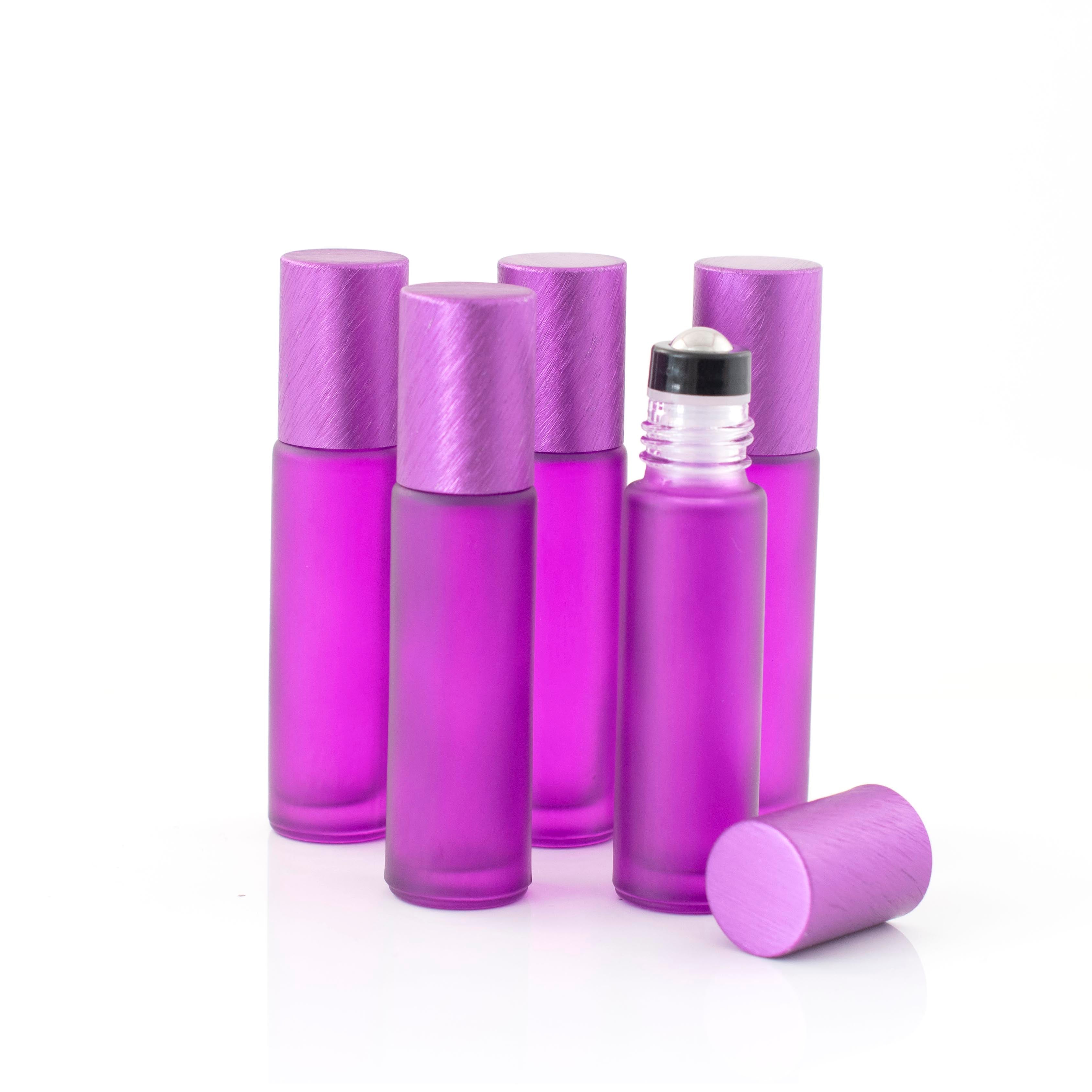 Deluxe Frosted 10ml Purple Roller Bottles with Purple Metallic Caps & Premium Rollers (5 pack)