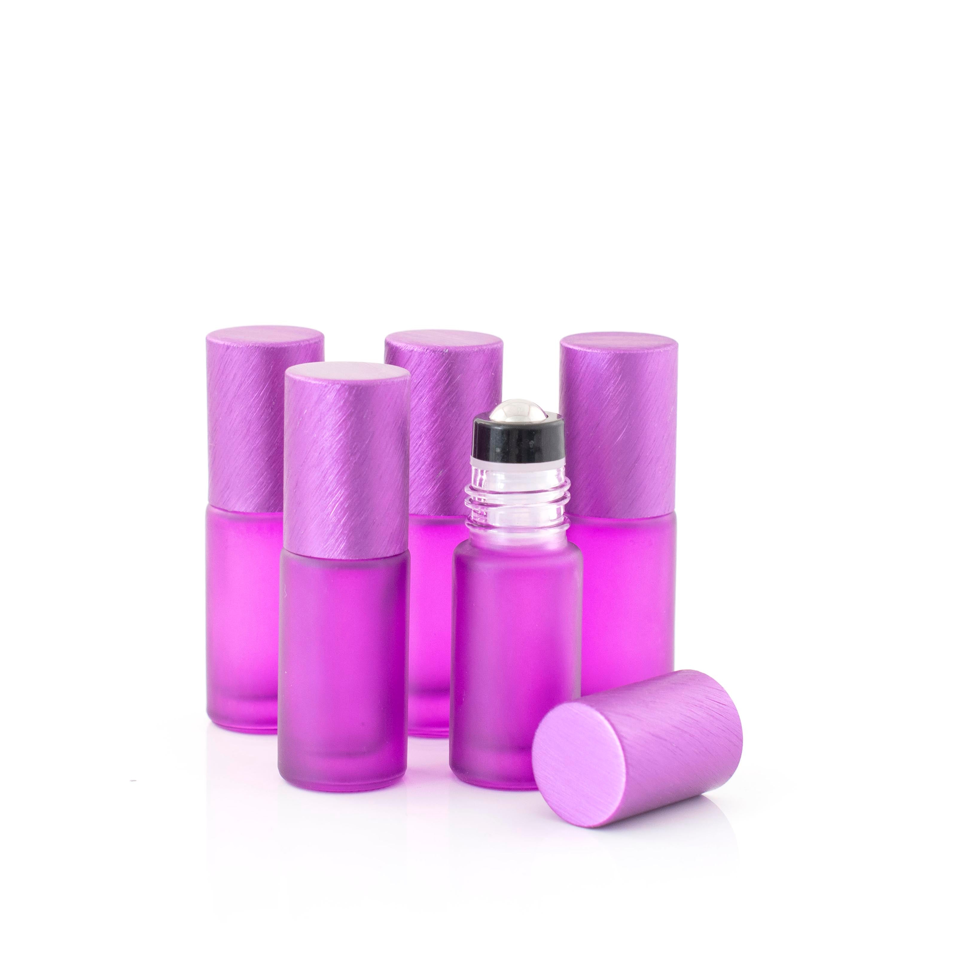 Deluxe Frosted 5ml Purple Roller Bottles with Metallic Caps & Premium Rollers (5 pack)