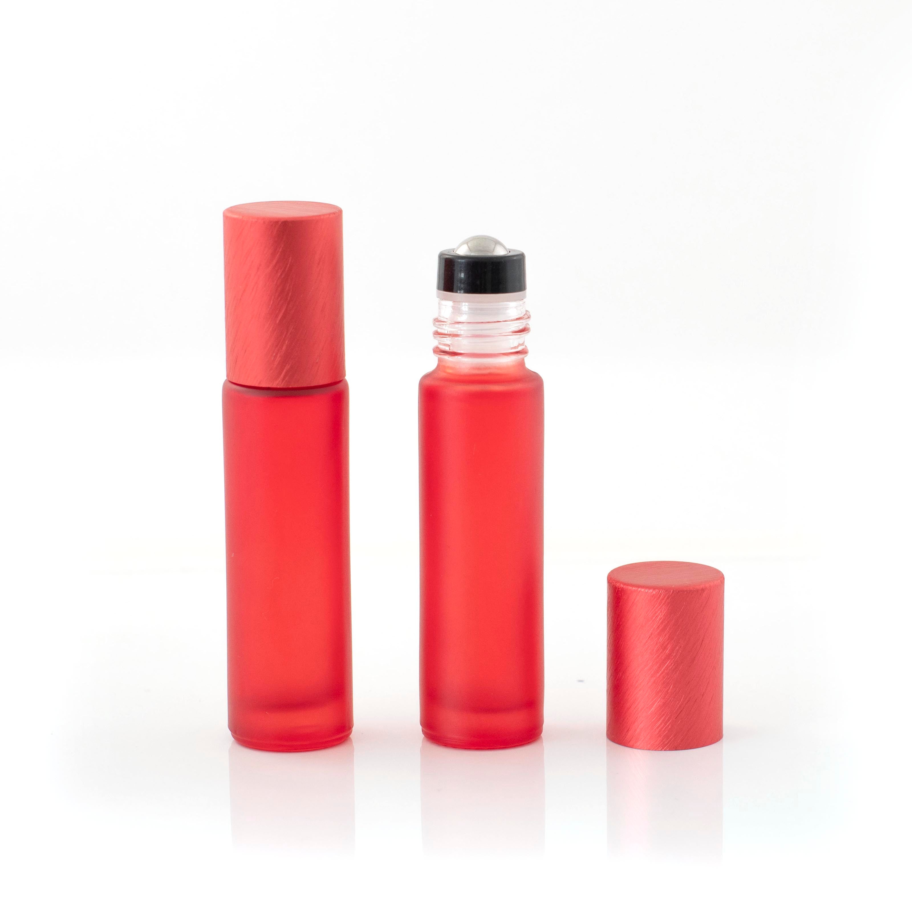 Deluxe Frosted 10ml Red Roller Bottles with Red Metallic Caps & Premium Rollers (5 pack)