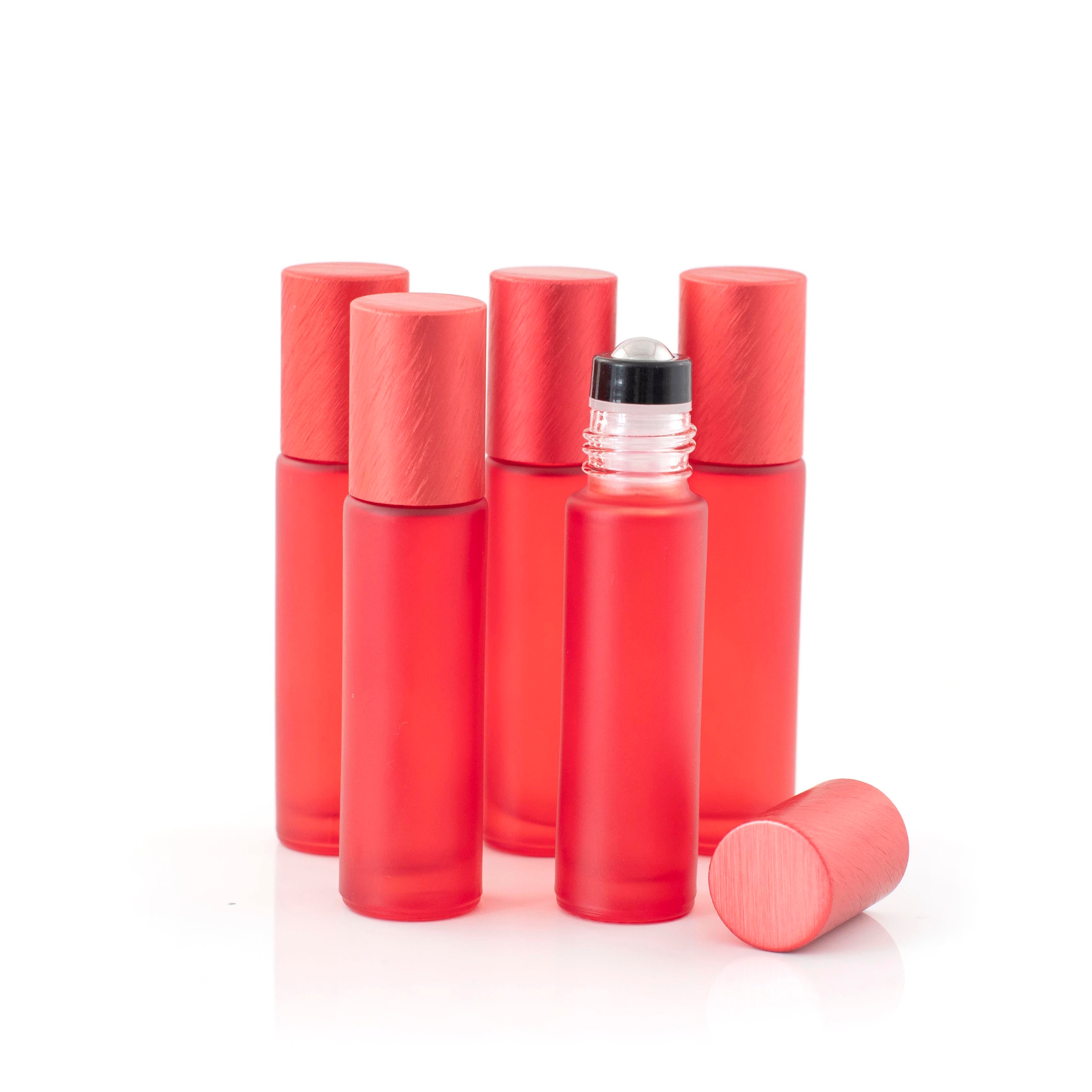 Deluxe Frosted 10ml Red Roller Bottles with Red Metallic Caps & Premium Rollers (5 pack)