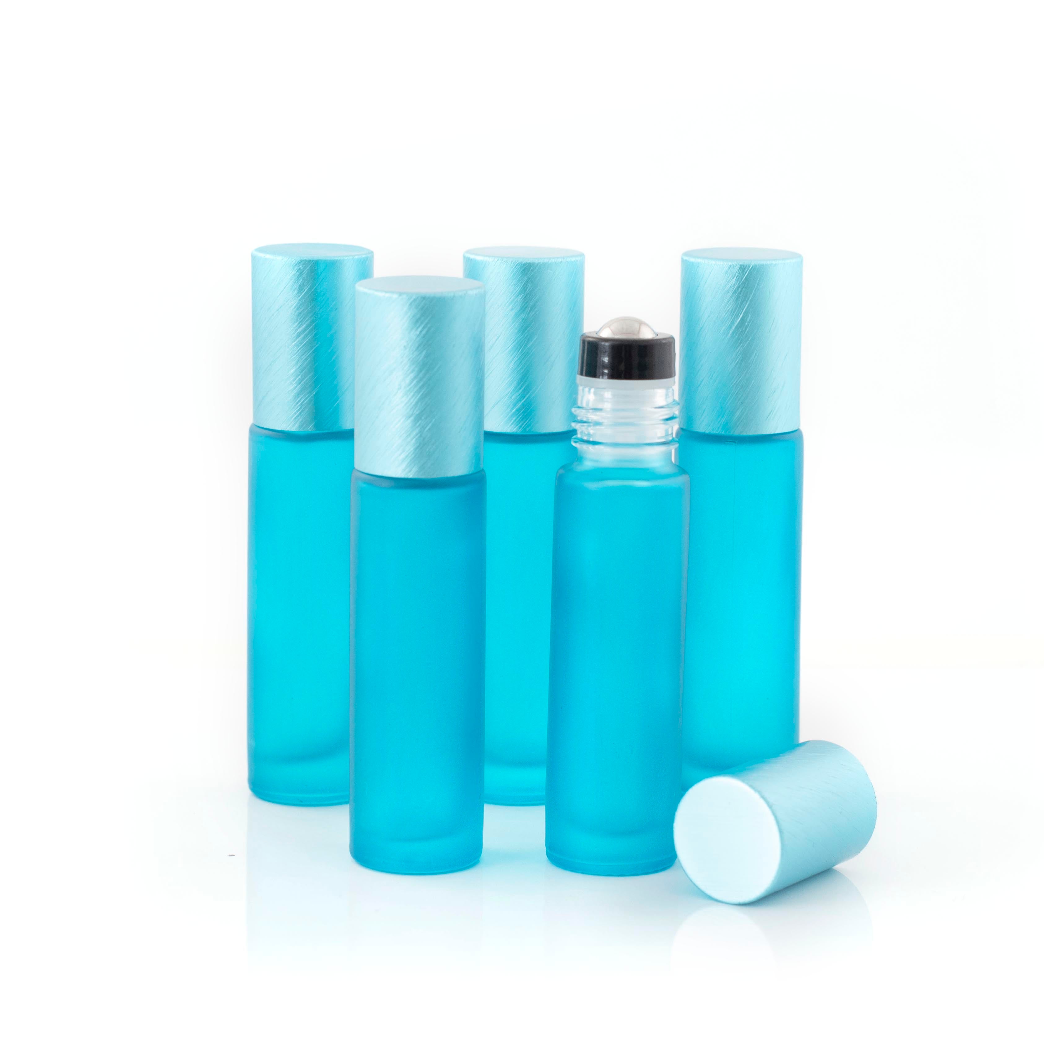 Deluxe Frosted 10ml Teal Roller Bottles with Teal Metallic Caps & Premium Rollers (5 pack)