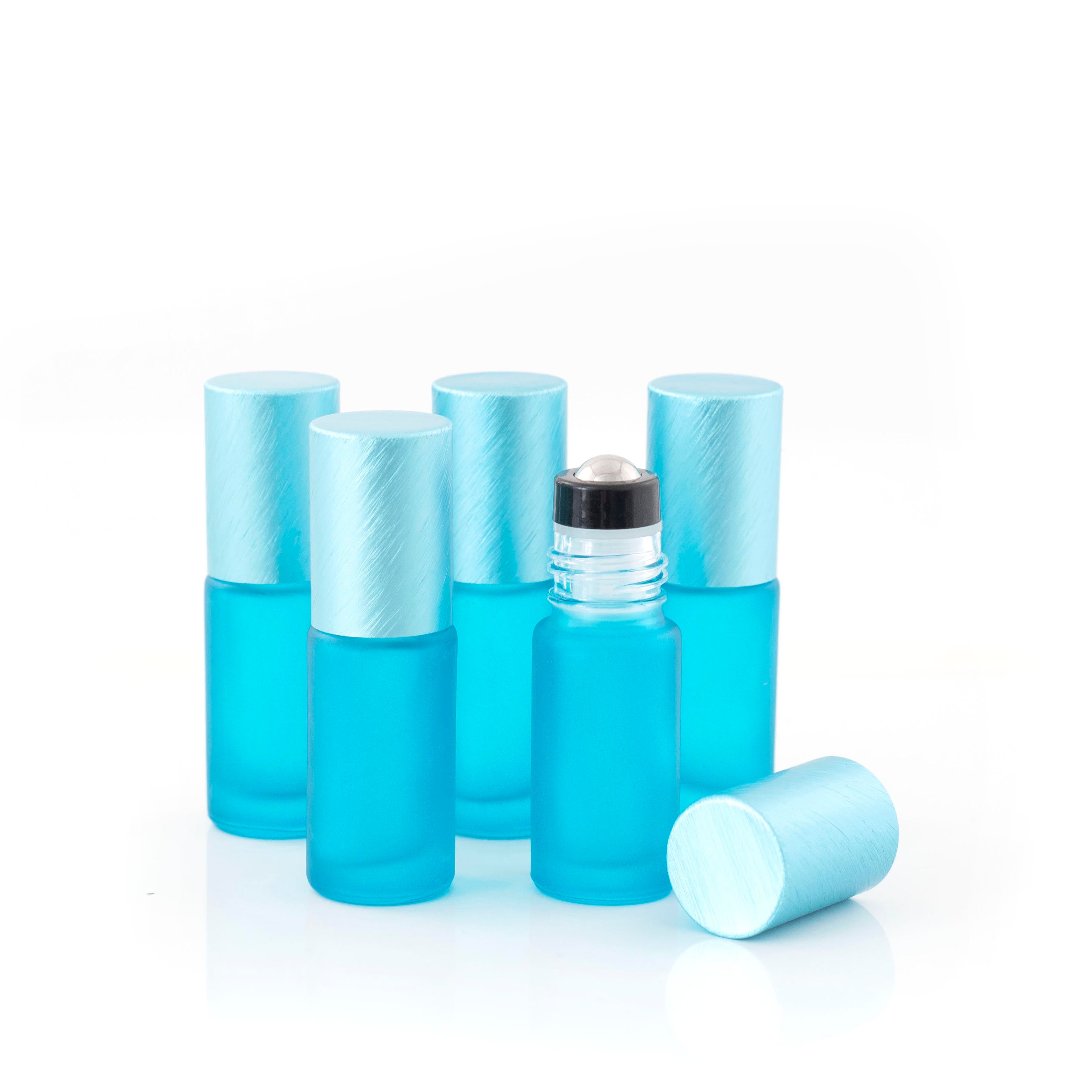 Deluxe Frosted 5ml Teal Roller Bottles with Metallic Caps & Premium Rollers (5 pack)