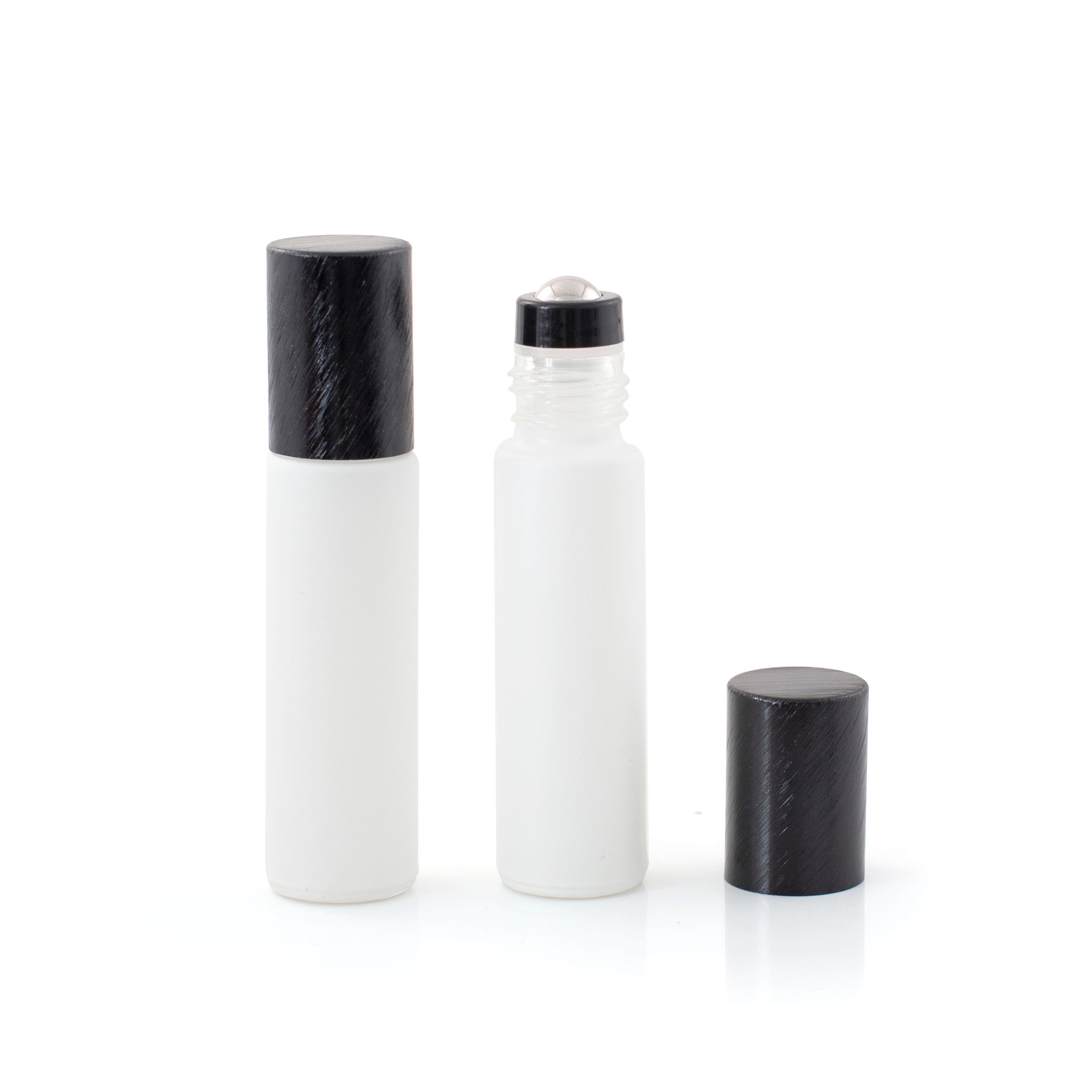 Deluxe Matte 10ml White Roller Bottles with Black Metallic Caps & Premium Rollers (5 pack)