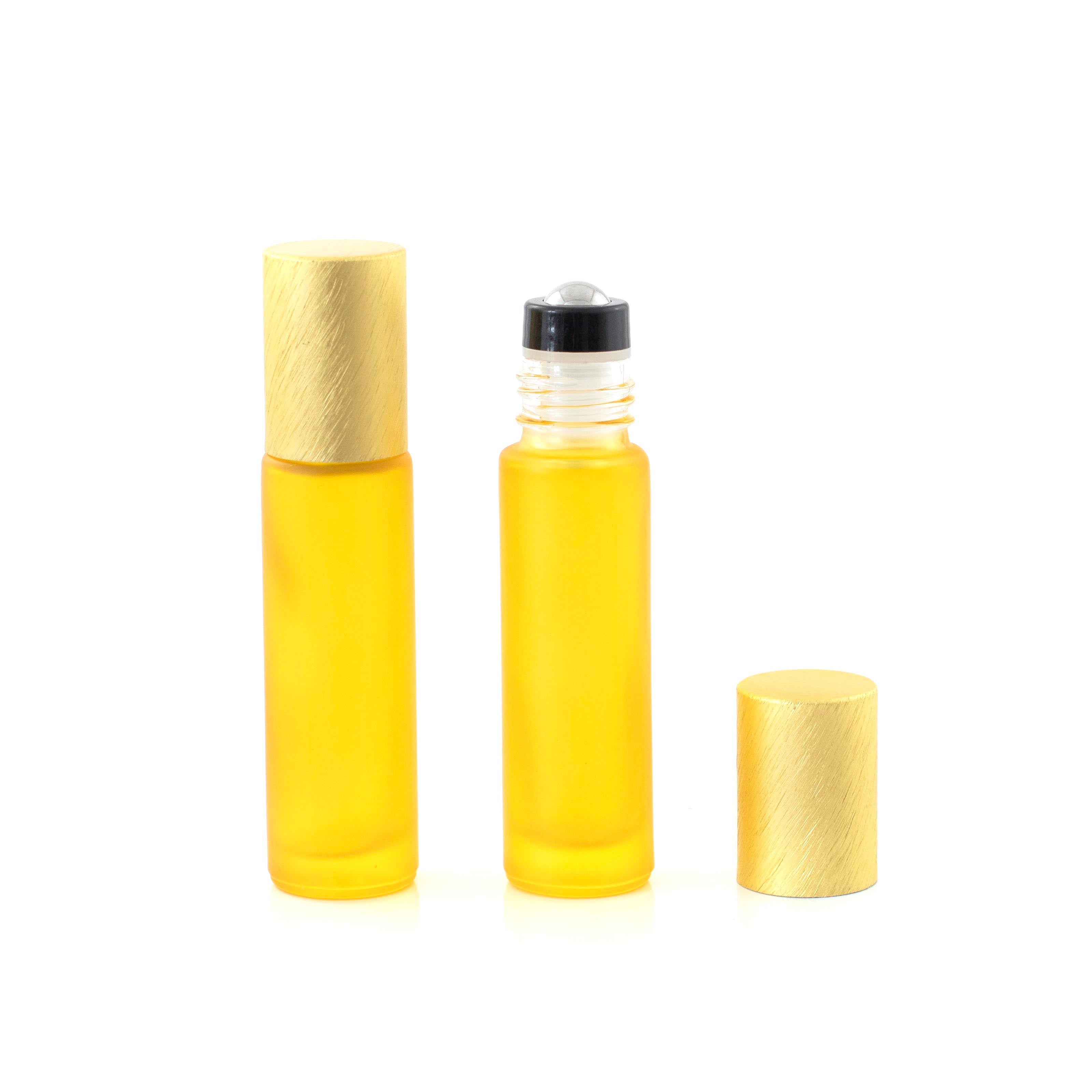 Deluxe Frosted 10ml Yellow Roller Bottles with Yellow Metallic Caps & Premium Rollers (5 pack)