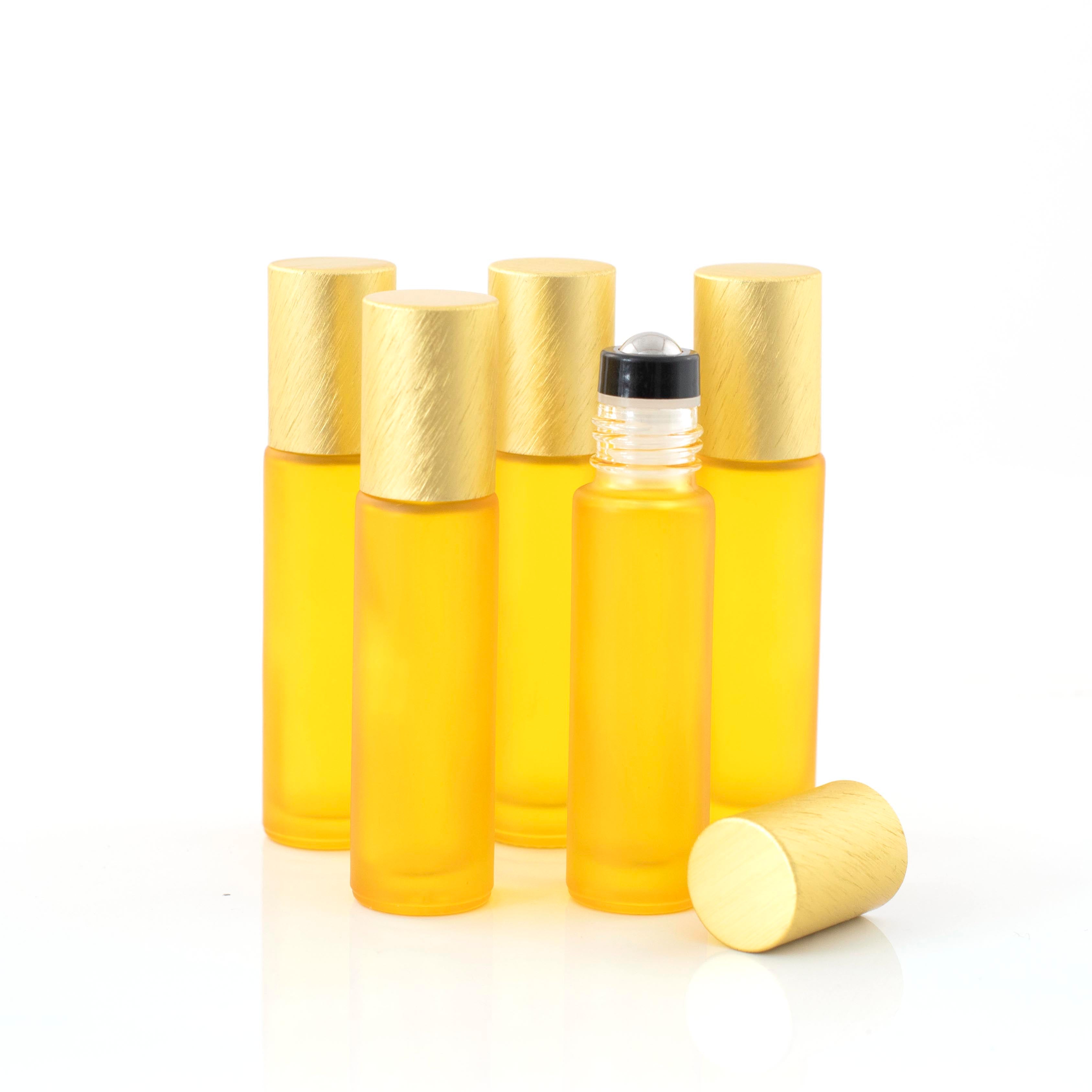 Deluxe Frosted 10ml Yellow Roller Bottles with Yellow Metallic Caps & Premium Rollers (5 pack)