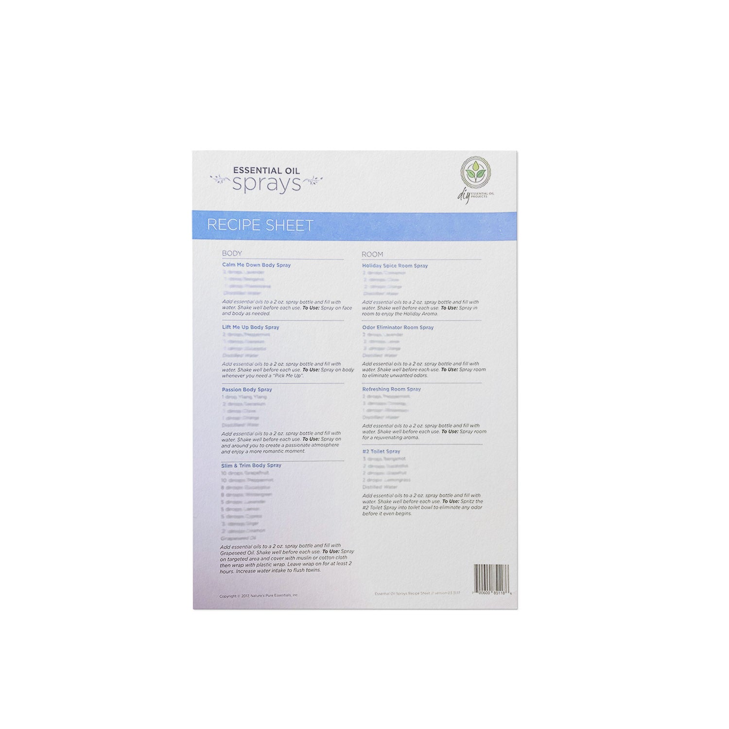 Do-It-Yourself Essential Oil Sprays Recipe Sheet