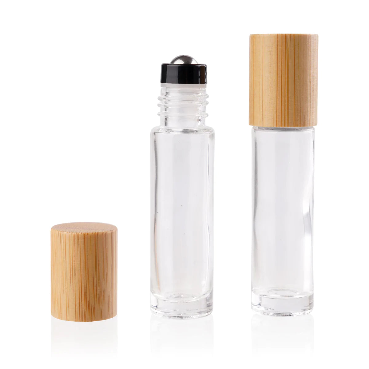 10ml Clear Glass Roller Bottle with Deluxe Bamboo Lid & Premium Stainless Steel Rollerball – 3 pack
