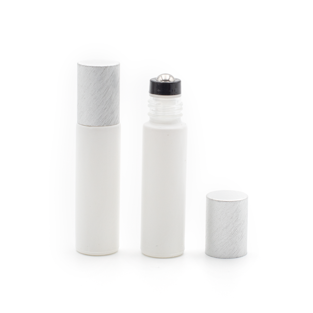 Deluxe Matte 10ml White Roller Bottle with Pewter Metallic Cap & Premium Roller (5 Pack)