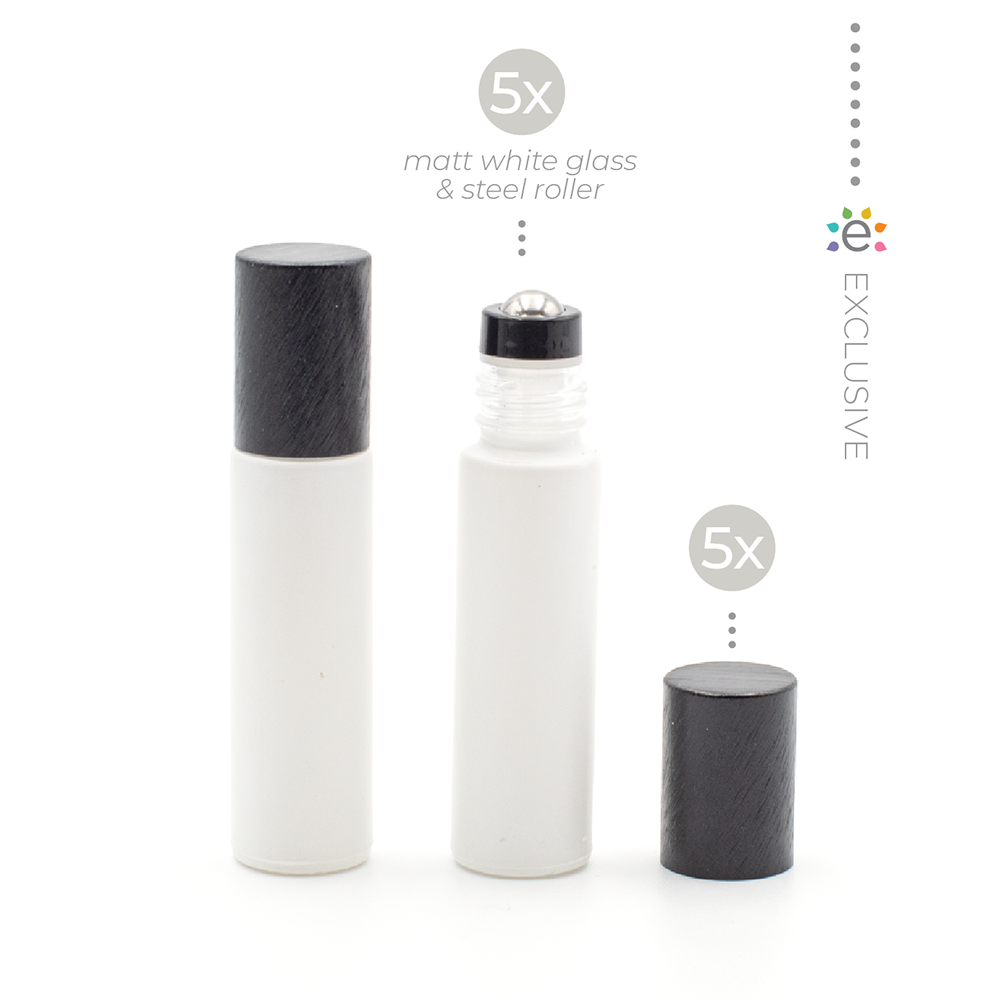 Deluxe Matte 10ml White Roller Bottles with Black Metallic Caps & Premium Rollers (5 pack)