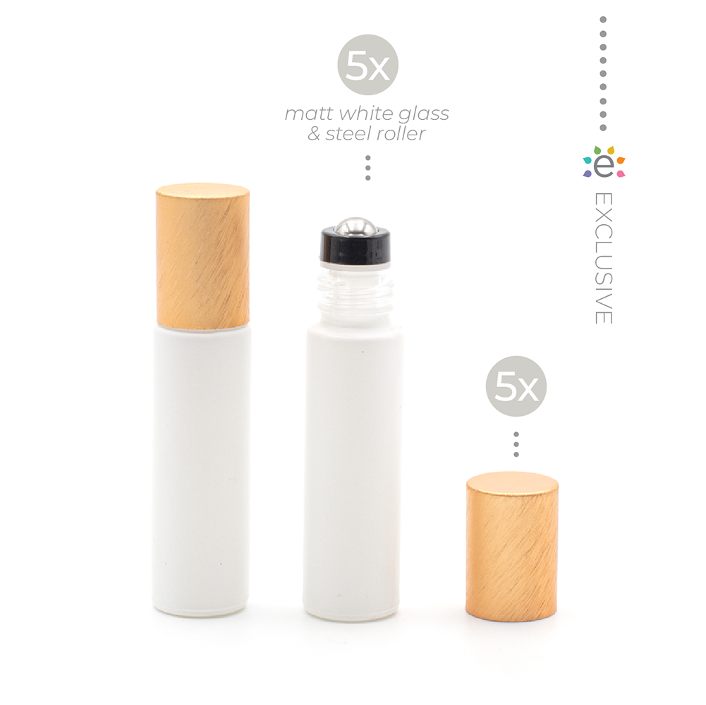 Deluxe Matte 10ml White Roller Bottle with Rose Gold Metallic Cap & Premium Roller (5 Pack)