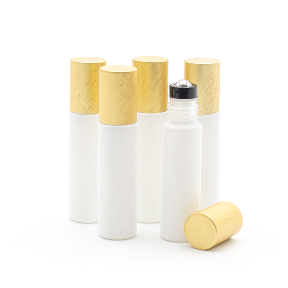 Deluxe Matte 10ml White Roller Bottle with Gold Metallic Cap & Premium Roller (5 Pack)