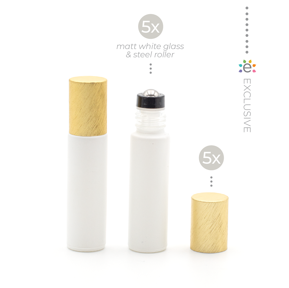 Deluxe Matte 10ml White Roller Bottle with Gold Metallic Cap & Premium Roller (5 Pack)