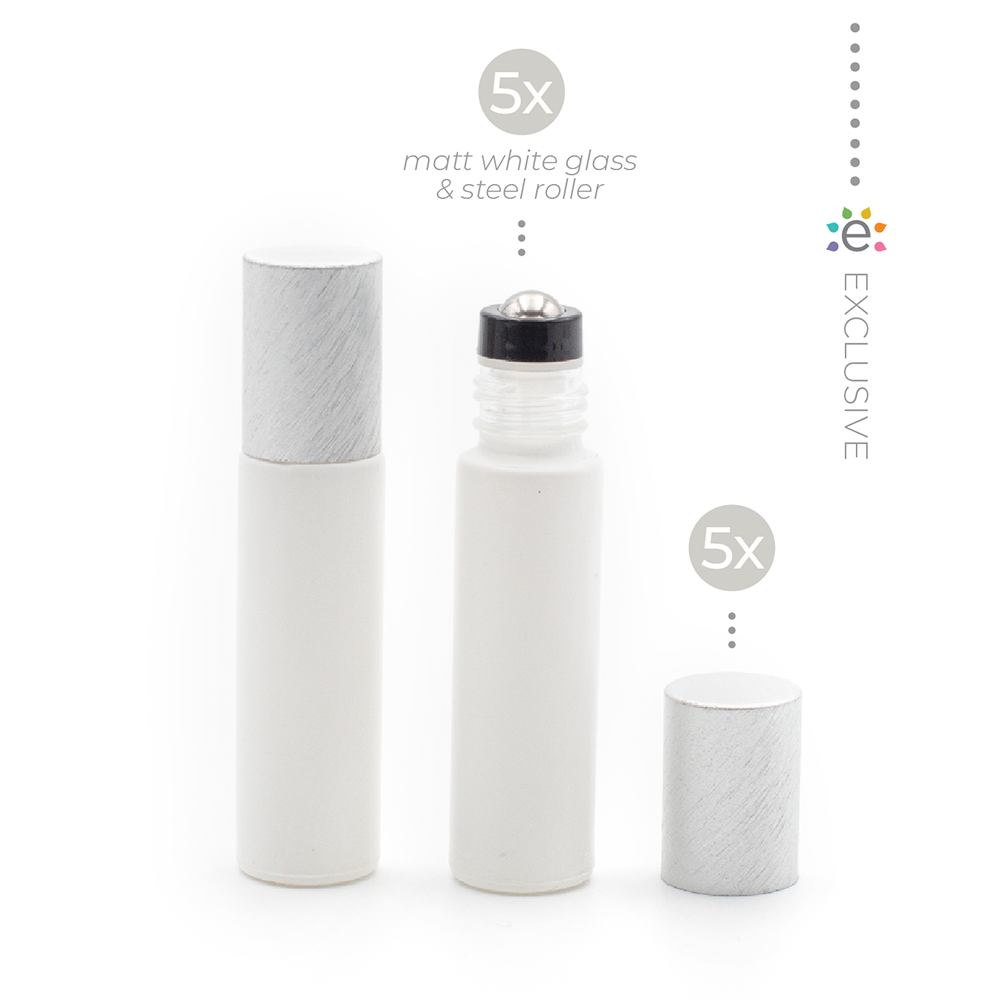 Deluxe Matte 10ml White Roller Bottle with Pewter Metallic Cap & Premium Roller (5 Pack)