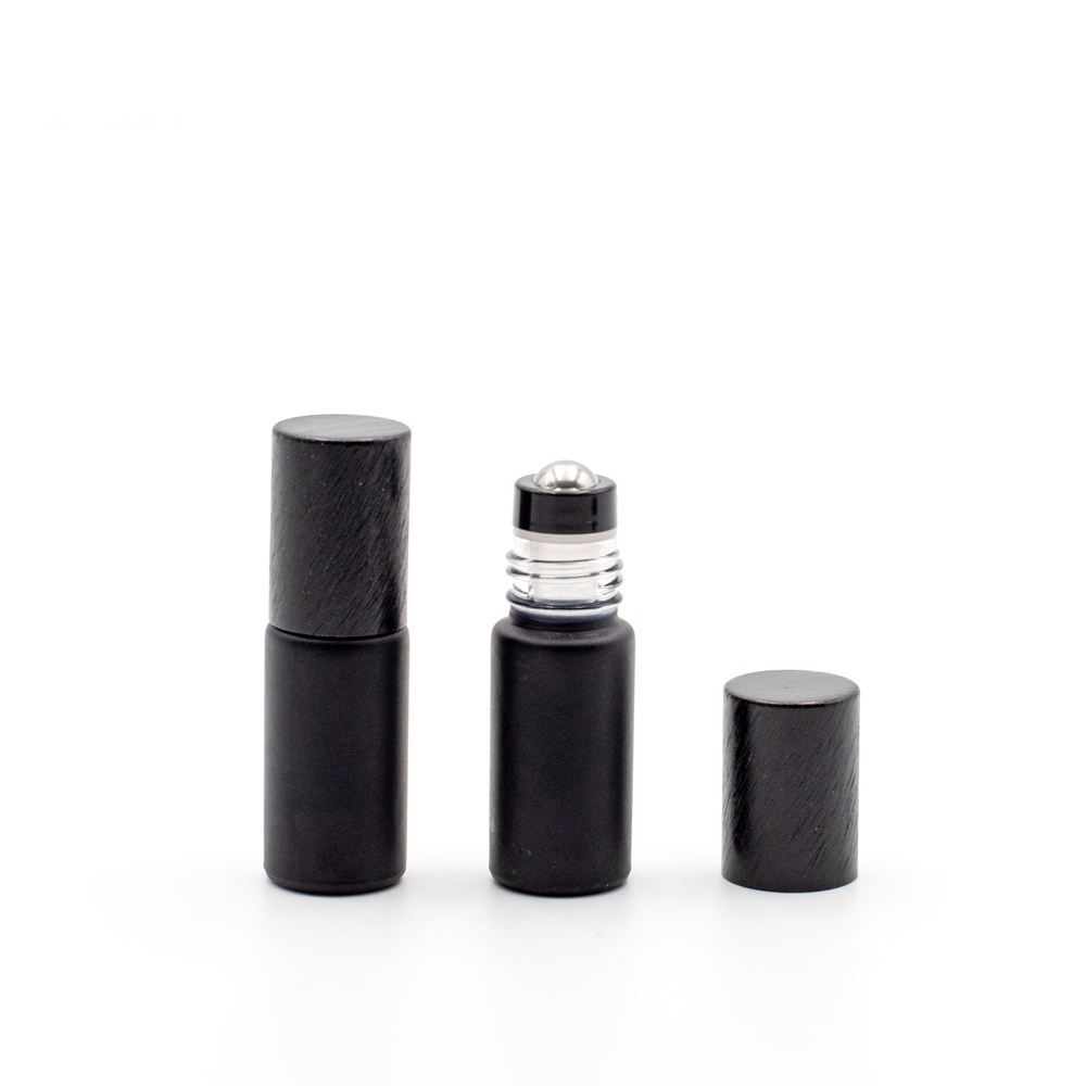 Deluxe Matte 5ml Black Roller Bottle with Black Metallic Cap & Premium Roller (5 Pack)