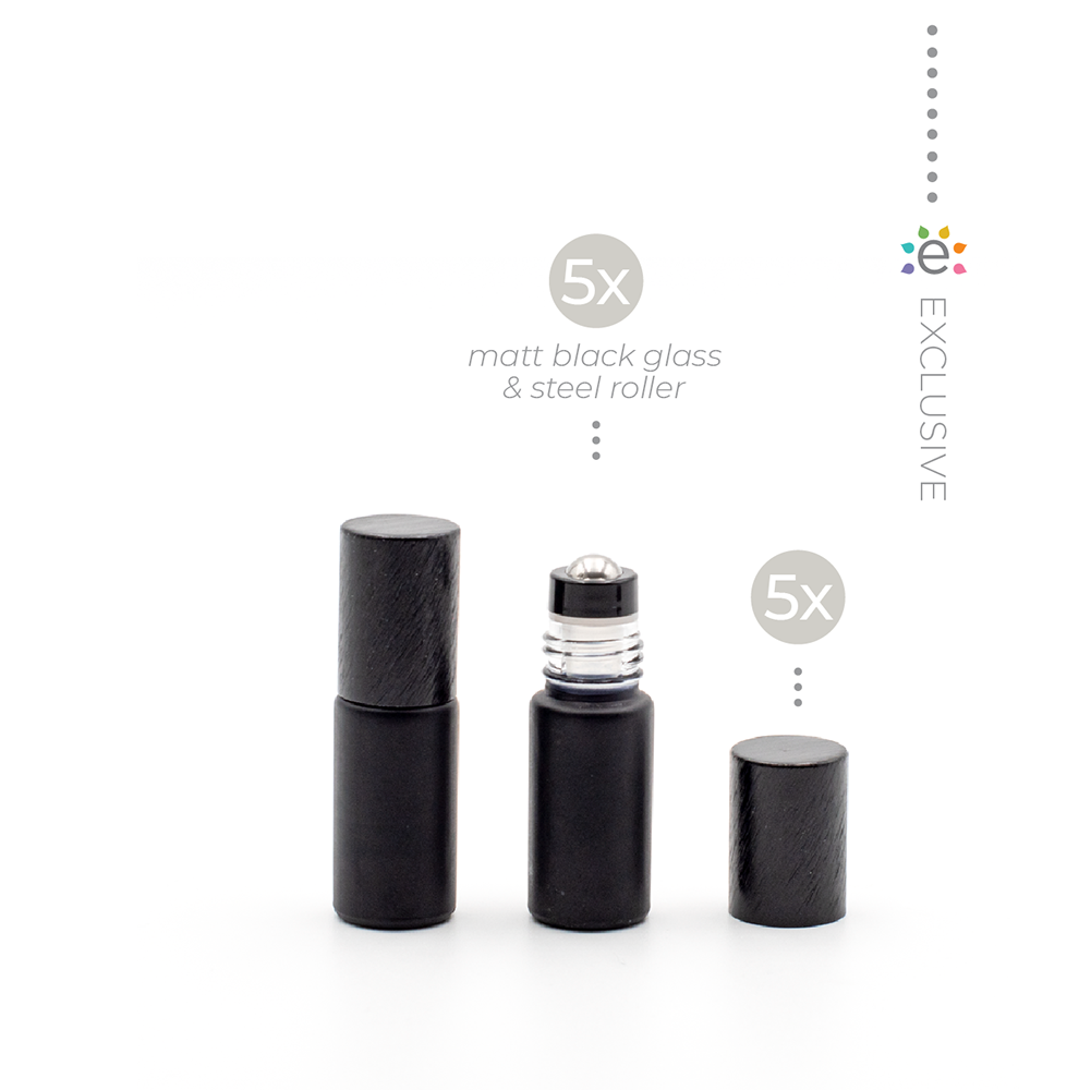 Deluxe Matte 5ml Black Roller Bottle with Black Metallic Cap & Premium Roller (5 Pack)