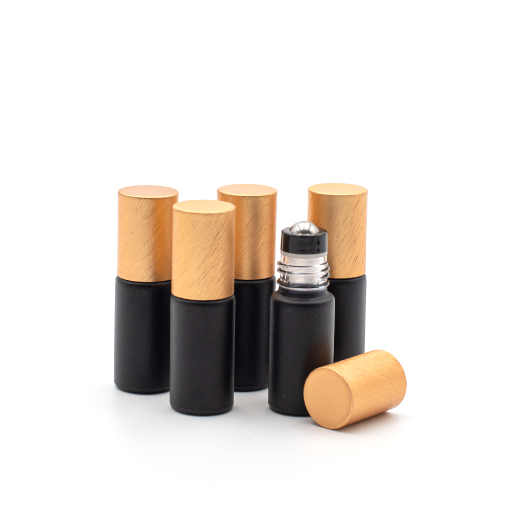 Deluxe Matte 5ml Black Roller Bottle with Rose Gold Metallic Cap & Premium Roller (5 Pack)