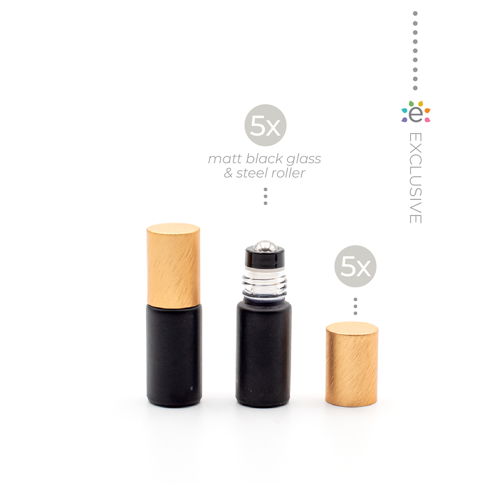 Deluxe Matte 5ml Black Roller Bottle with Rose Gold Metallic Cap & Premium Roller (5 Pack)