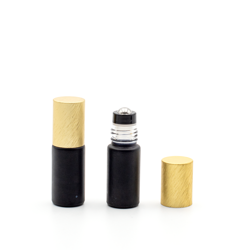 Deluxe Matte 5ml Black Roller Bottle with Gold Metallic Cap & Premium Roller (5 Pack)