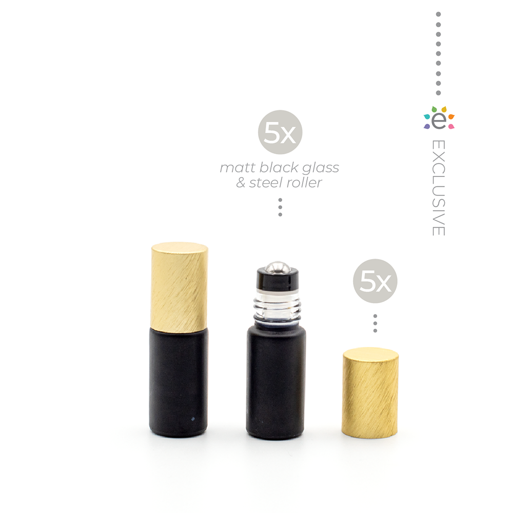 Deluxe Matte 5ml Black Roller Bottle with Gold Metallic Cap & Premium Roller (5 Pack)