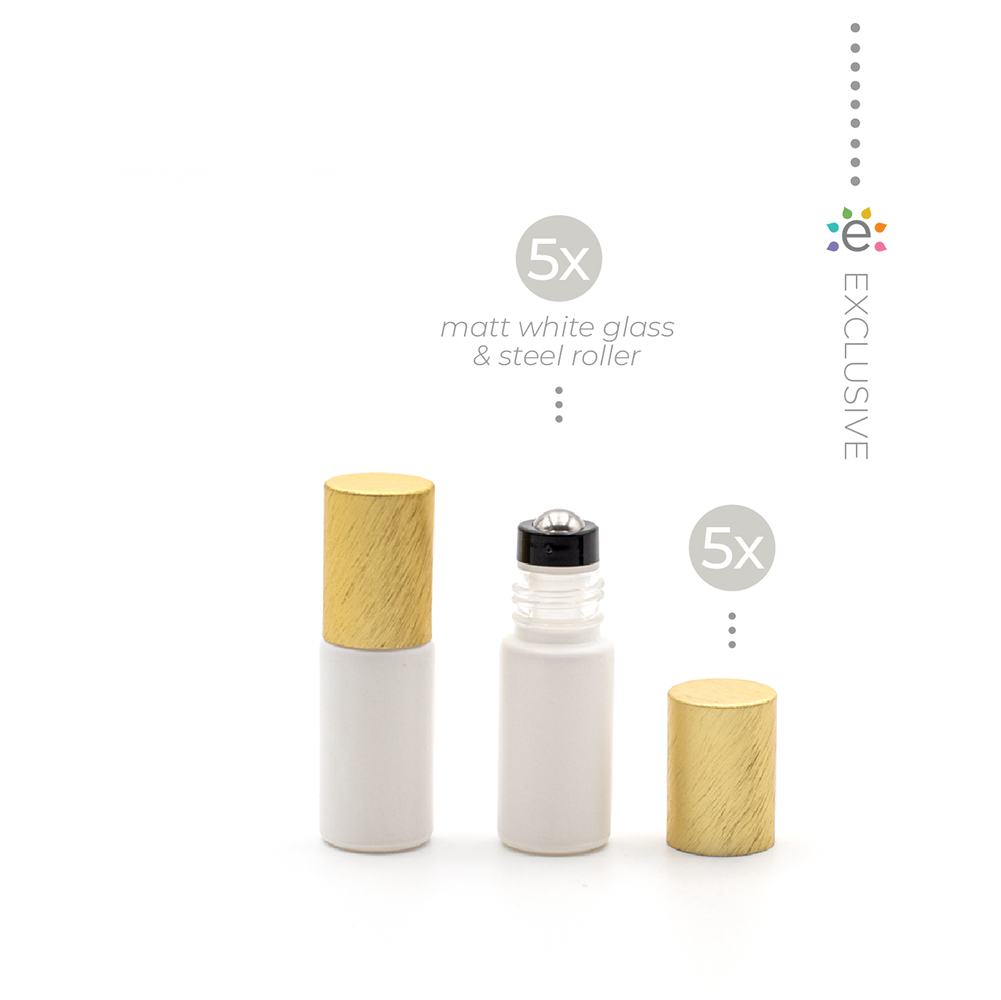 Deluxe Matte 5ml White Roller Bottle with Gold Metallic Cap & Premium Roller (5 Pack)