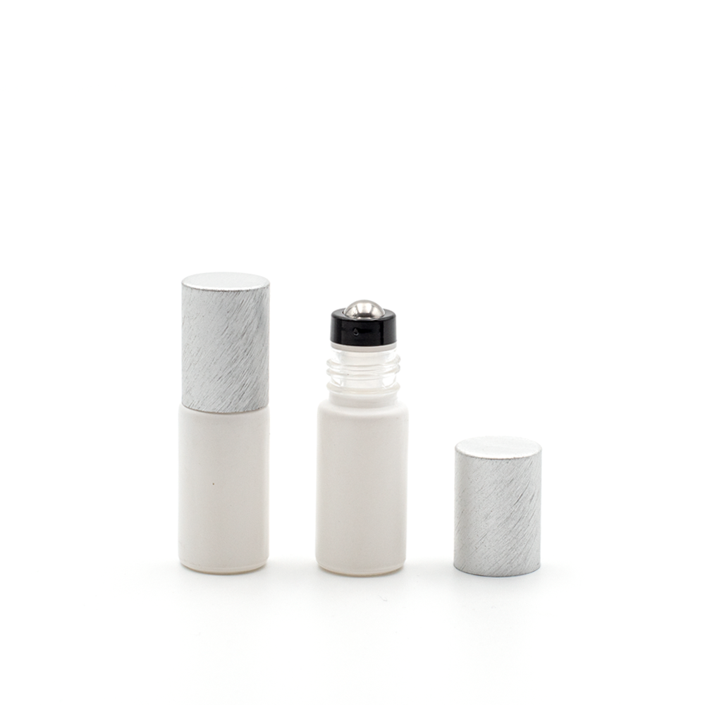 Deluxe Matte 5ml White Roller Bottle with Pewter Metallic Cap & Premium Roller (5 Pack)
